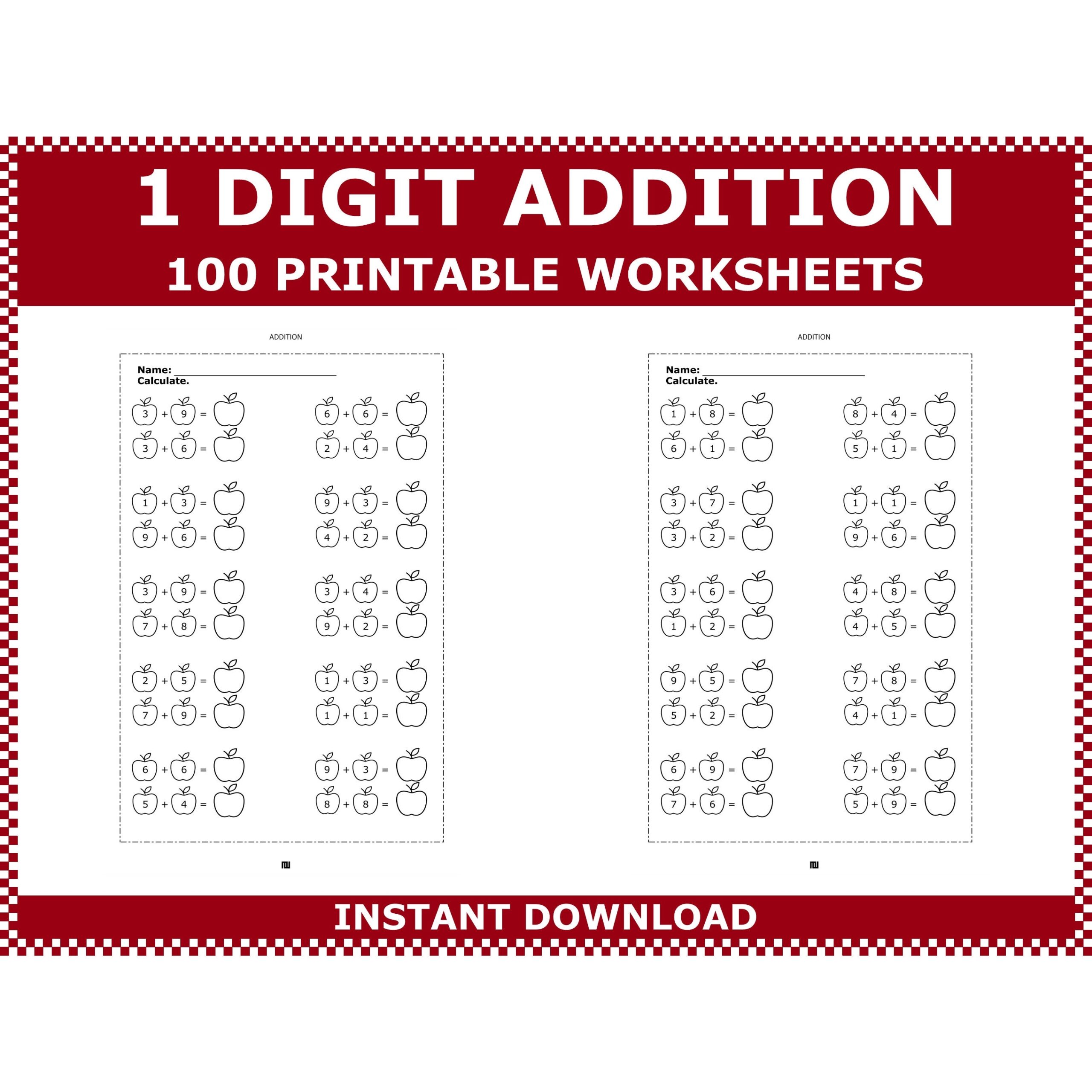 1 Digit Plus 1 Digit Addition Worksheets Kindergarten Math 1st 