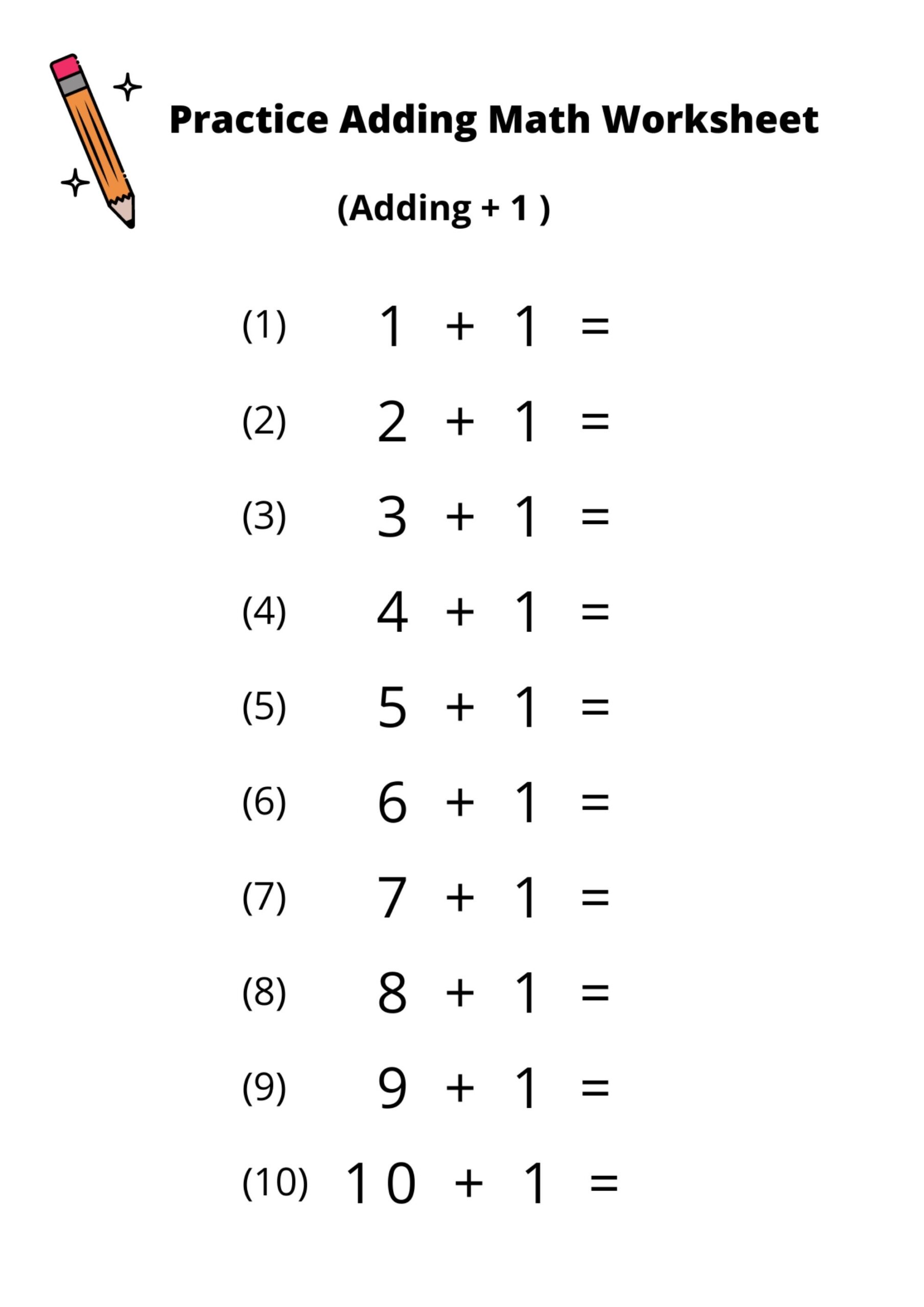 10 Printable Addition Math Worksheets Adding By 1 Numbers 1 20 