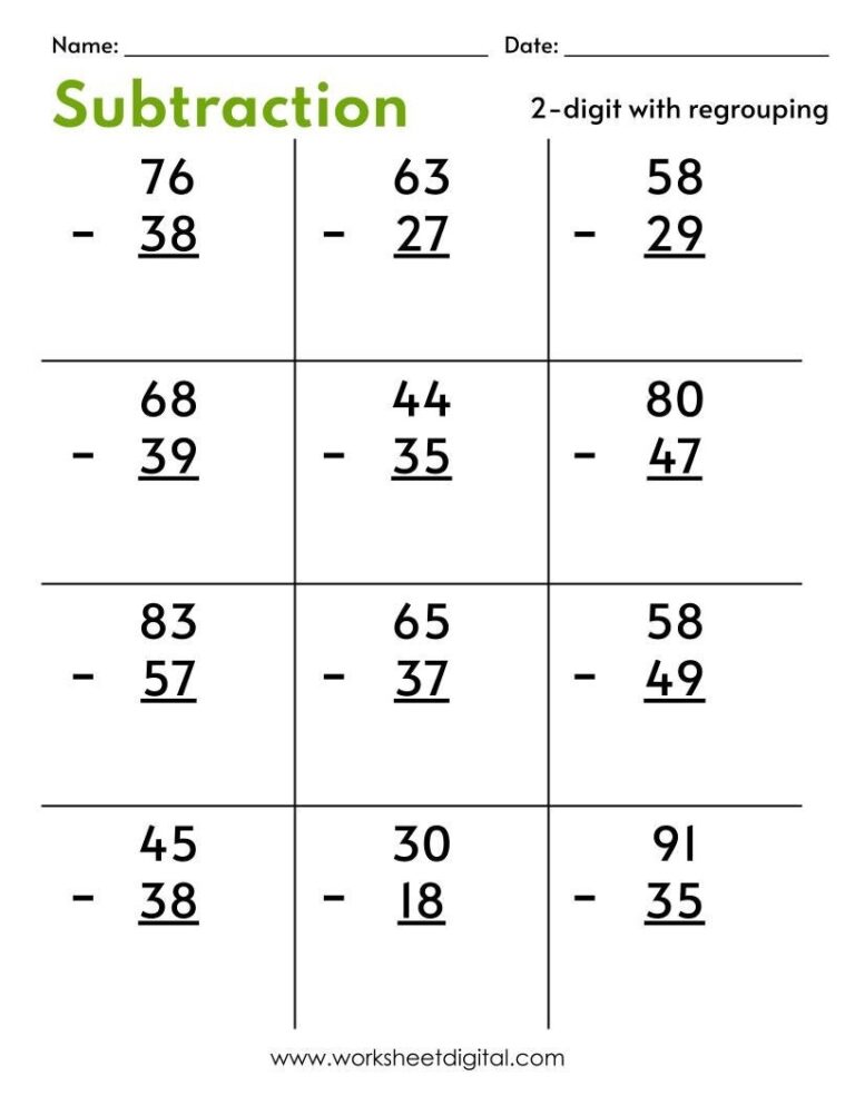 10 Printable Two Digit Subtraction Worksheets with Regrouping 