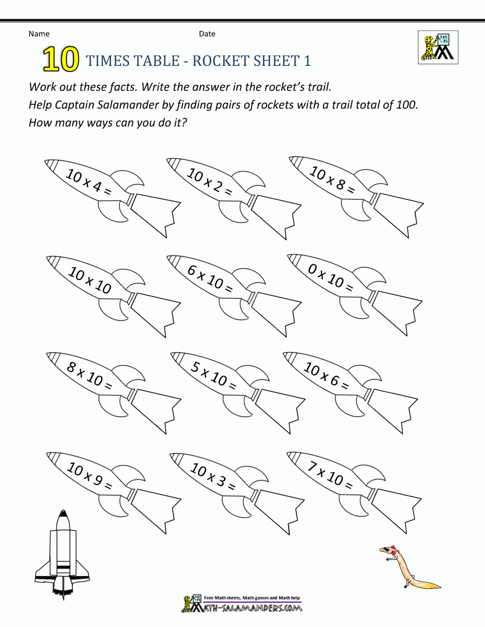 10 Times Table Worksheet Page