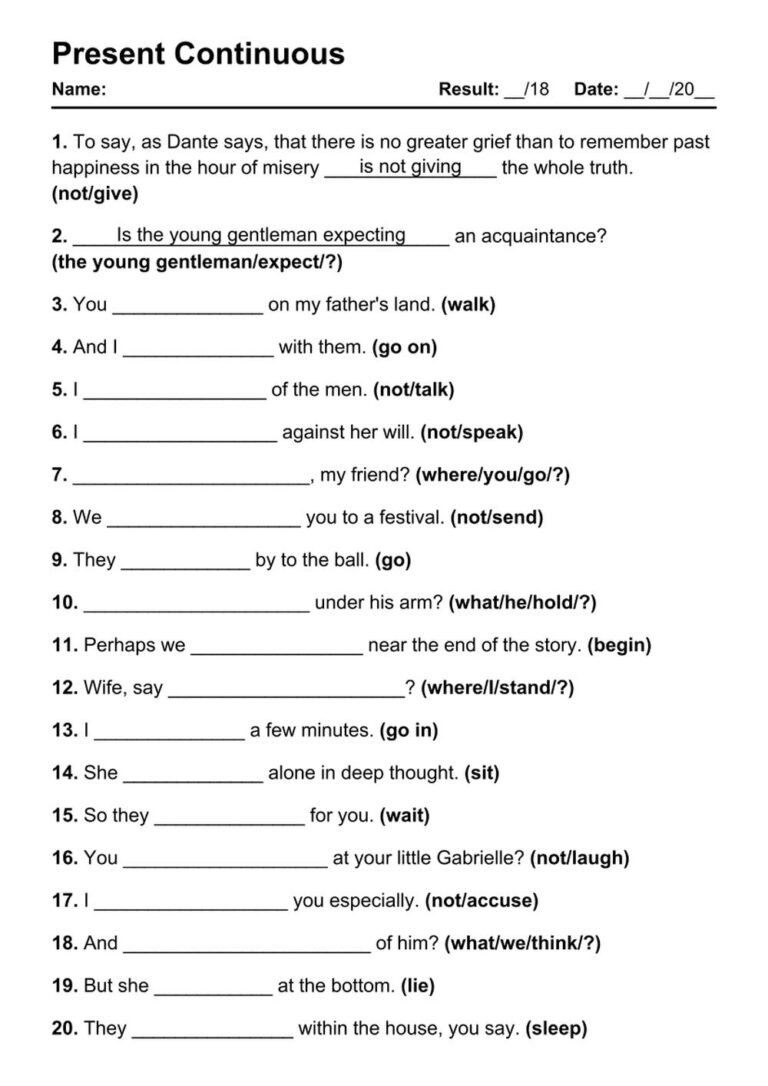 101 Present Continuous PDF Worksheets With Answers Grammarism
