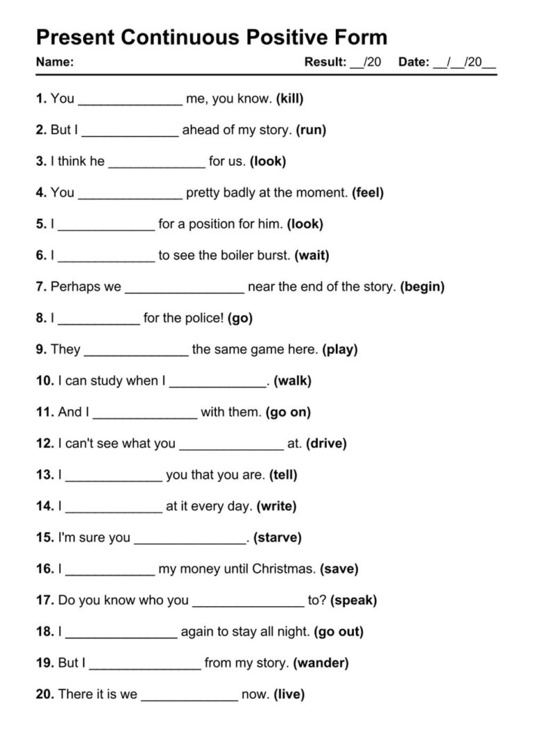 101 Present Continuous Positive PDF Worksheets With Answers Grammarism