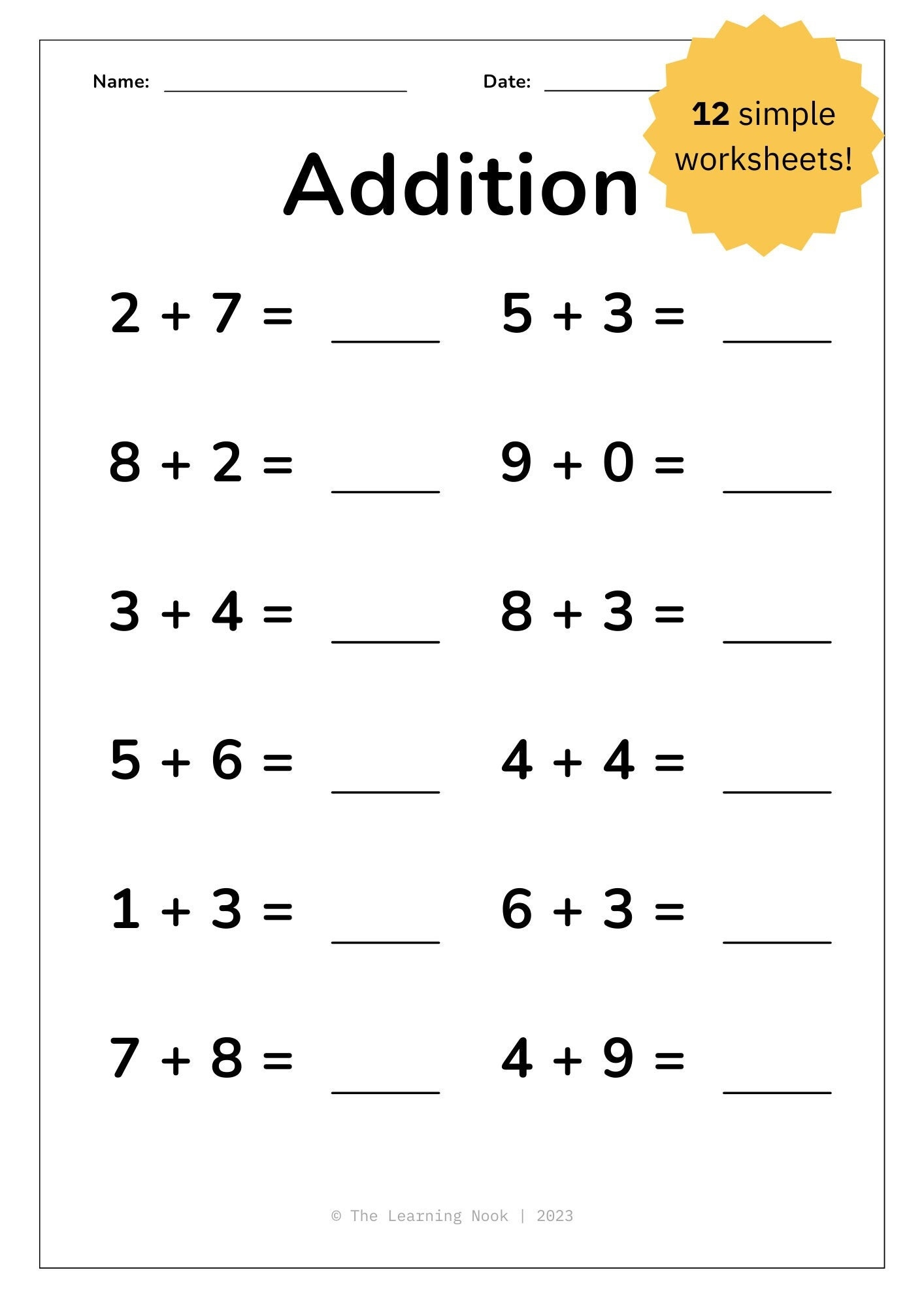 12 Printable Addition Worksheets Single Digit Addition Maths Drills Kids Learning Homeschool Kindergarten First Grade Maths Etsy UK