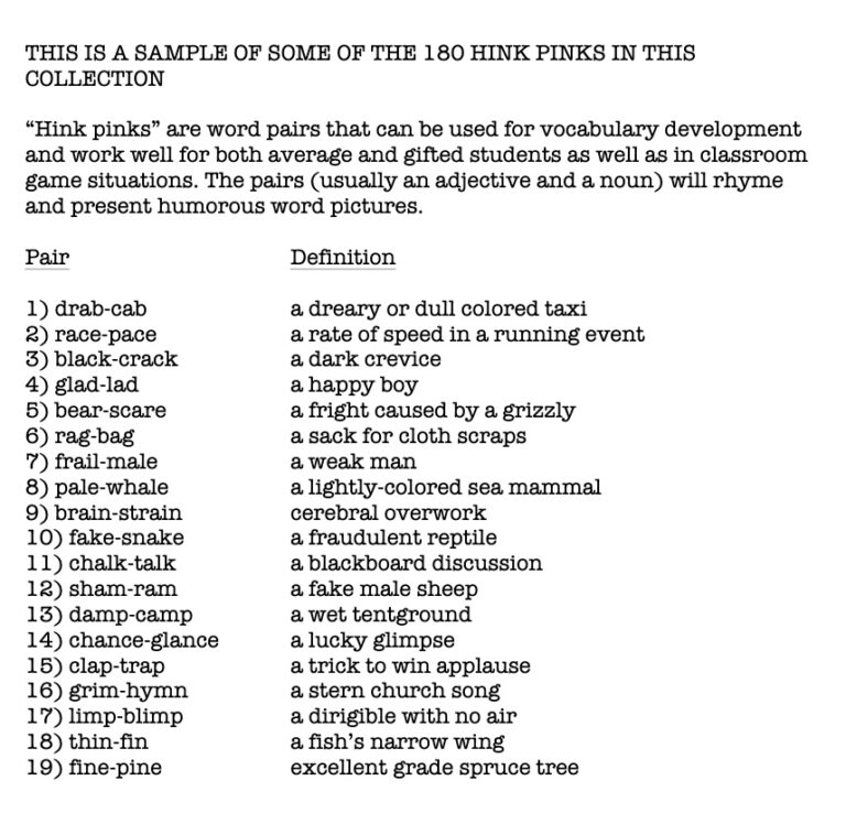 180 Hink Pinks Giant Collection For Each Day Of The School Year 