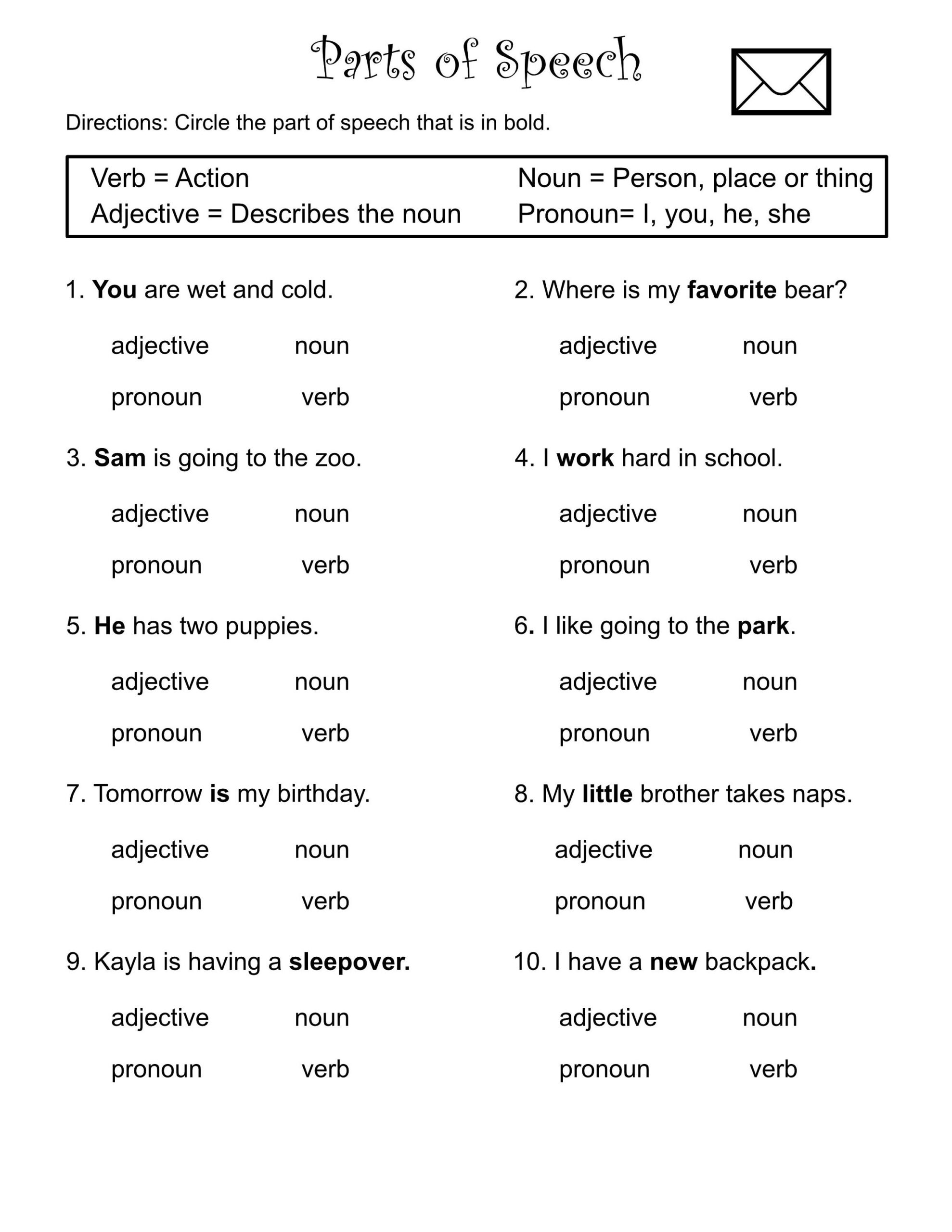 1st Through 3rd Grade parts Of Speech worksheets verbs nouns