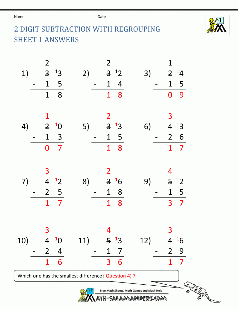 Regrouping Free Printable Worksheet With Answers