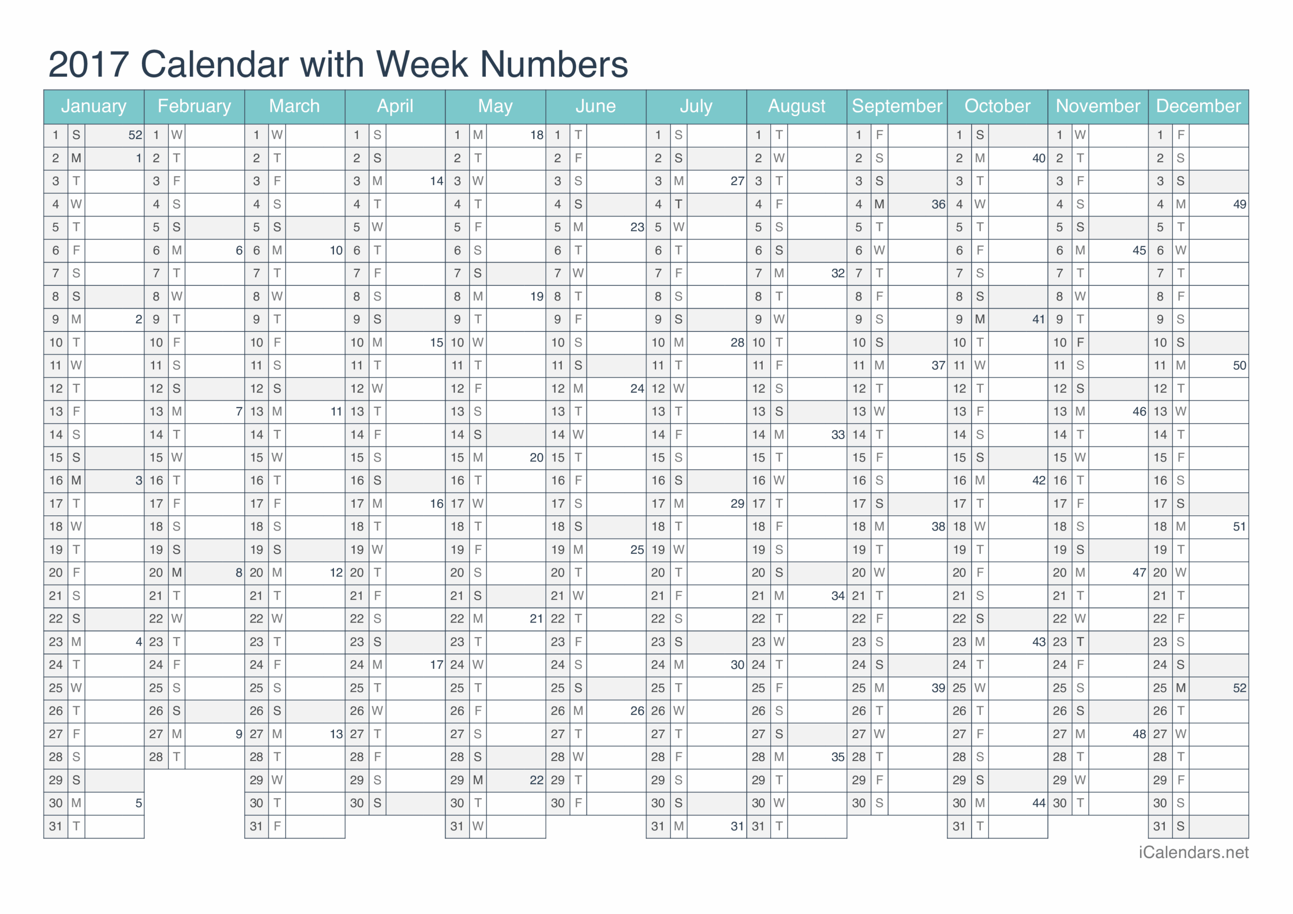 2017 Printable Calendar PDF Or Excel