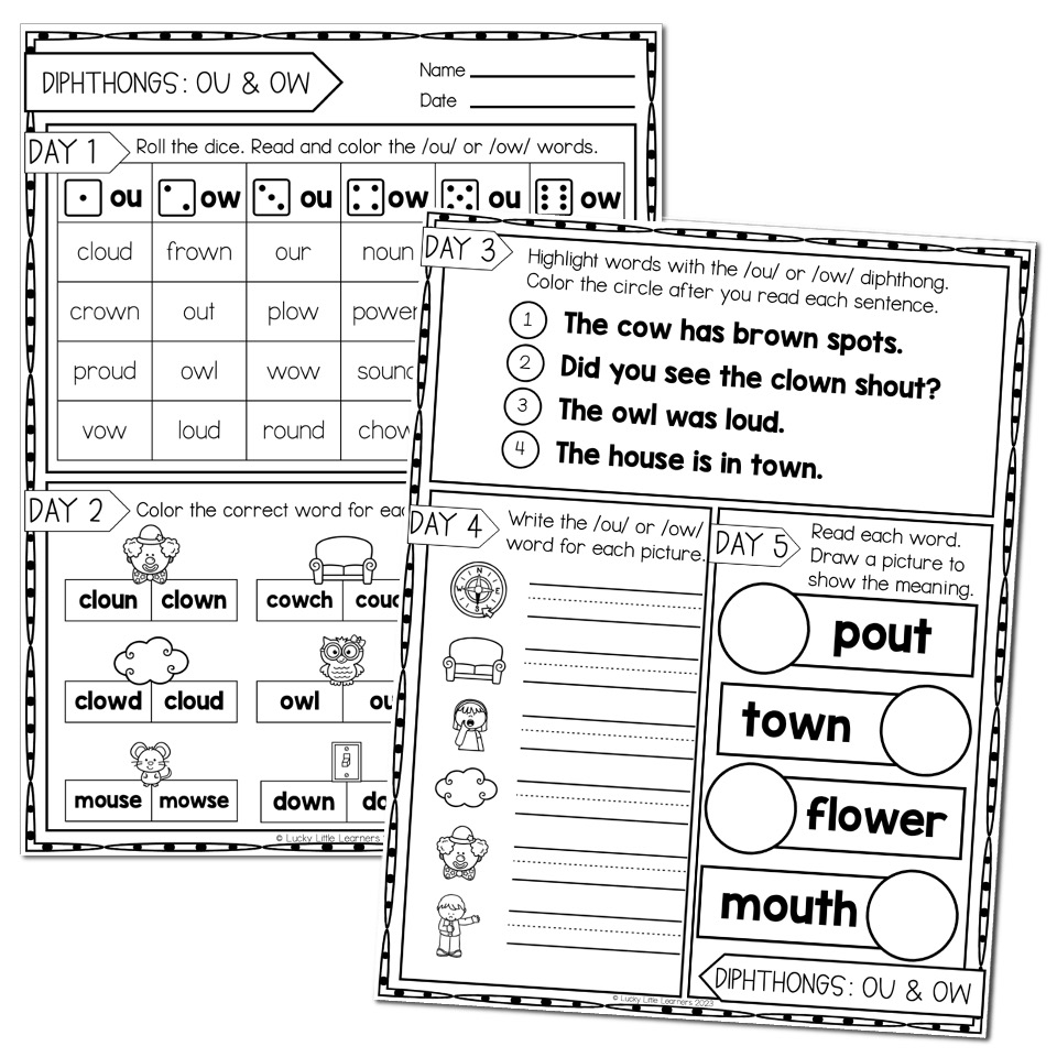2nd Grade Phonics Worksheets Diphthongs OU U0026 OW Lucky Little Learners