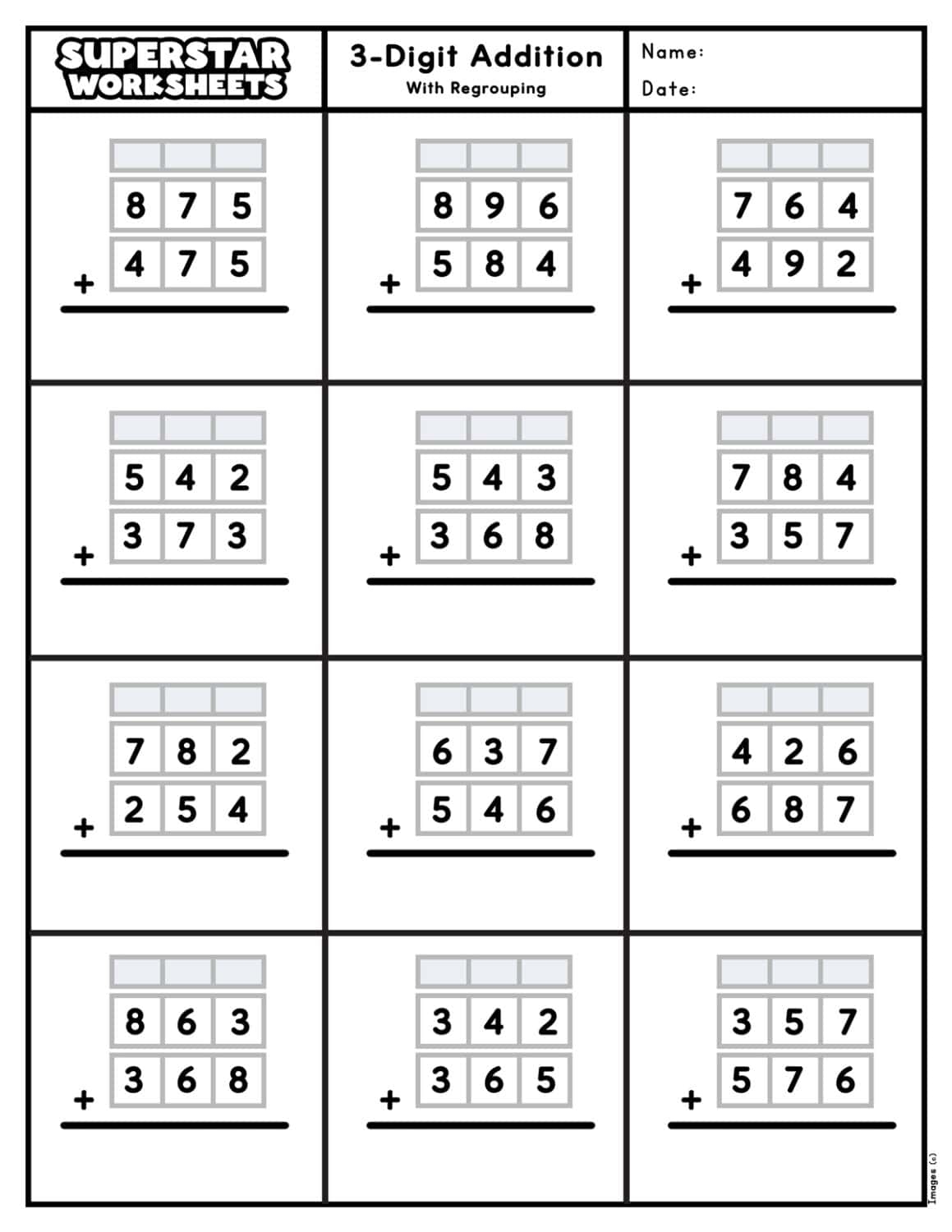 3 Digit Addition Worksheets Superstar Worksheets