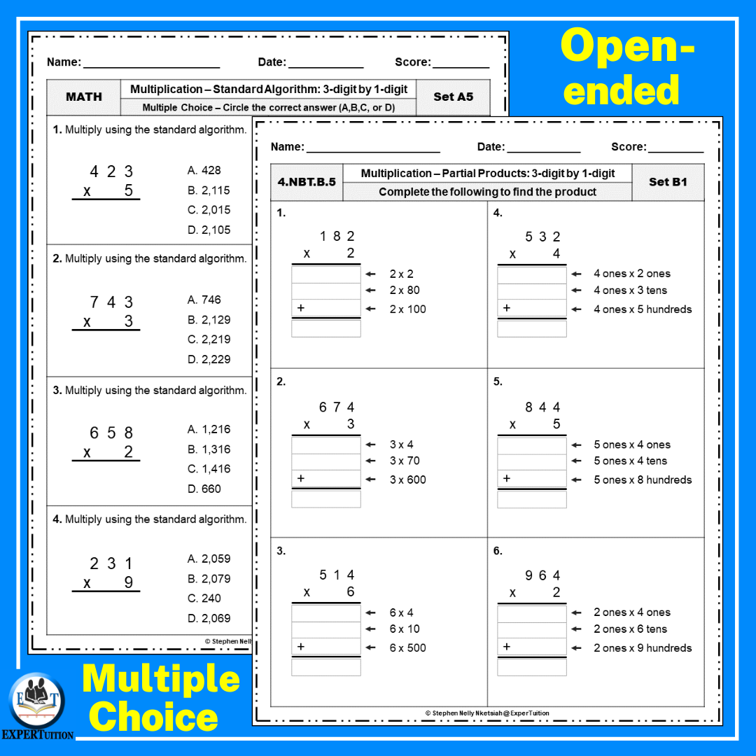 3 Digit By 1 Digit Multiplication Assessment Worksheets Area Models Partial Products Made By Teachers