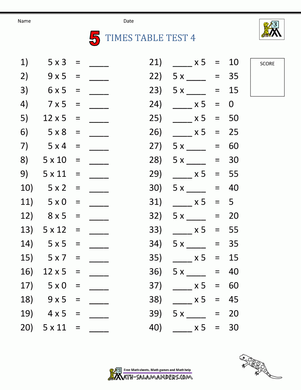 5 Times Table Worksheet Page 5 Times Table Worksheet Page