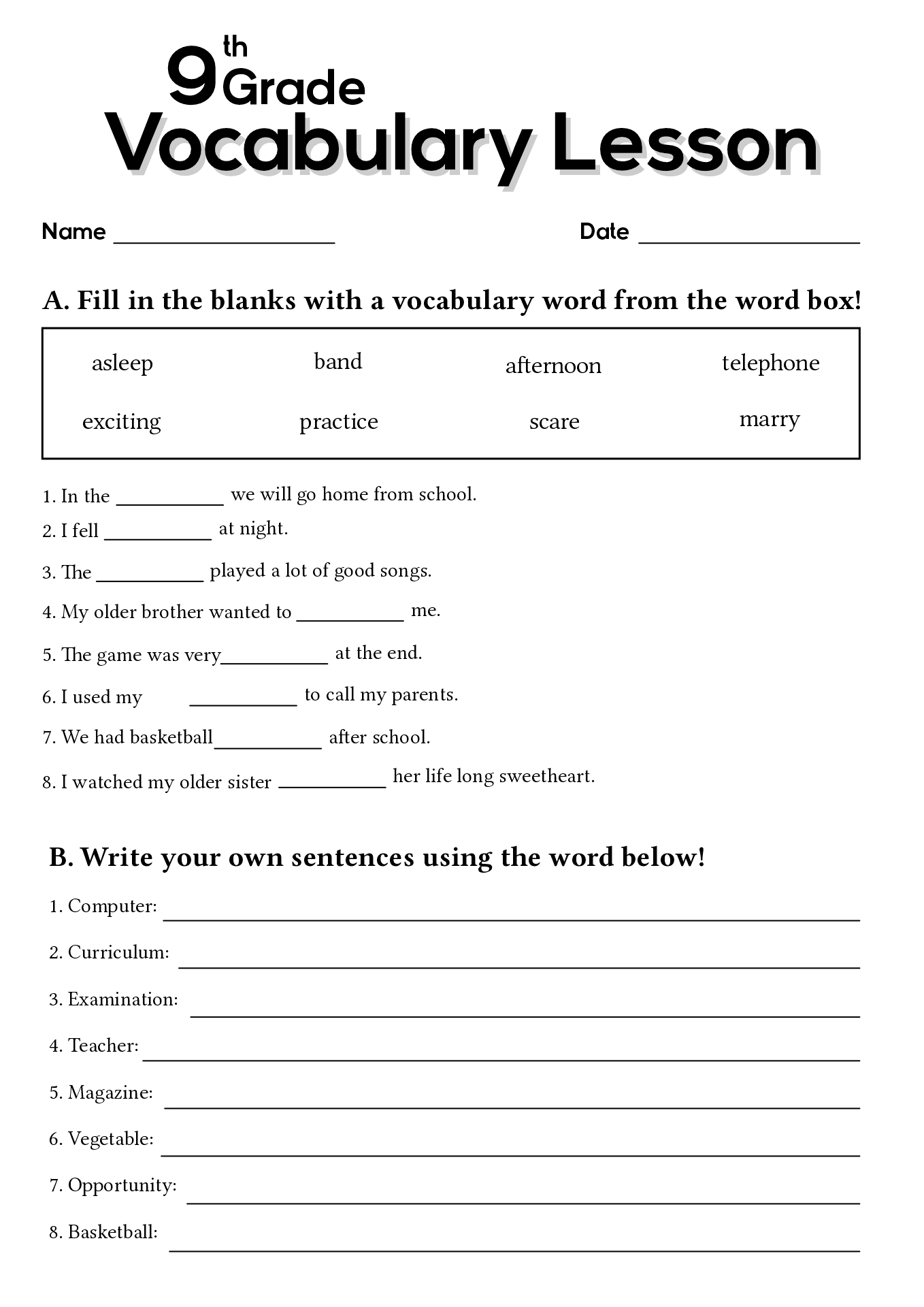 9th Grade Printable Worksheets Free