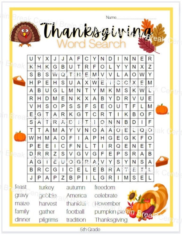 5th Grade Thanksgiving Word Search With Answer Key Printable Etsy