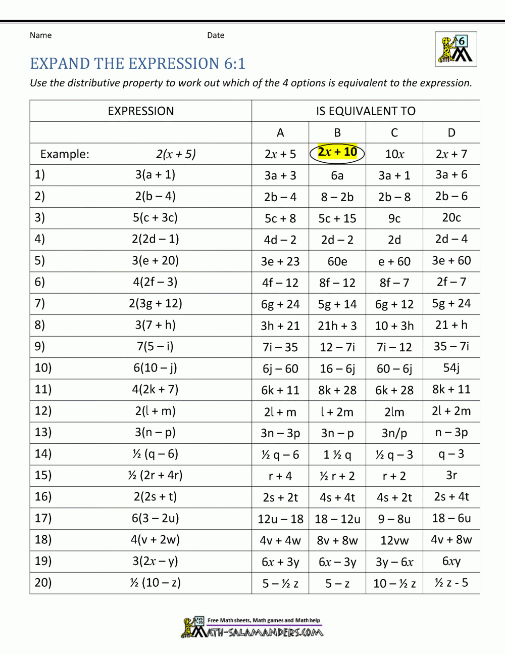 6th Grade Distributive Property Worksheets