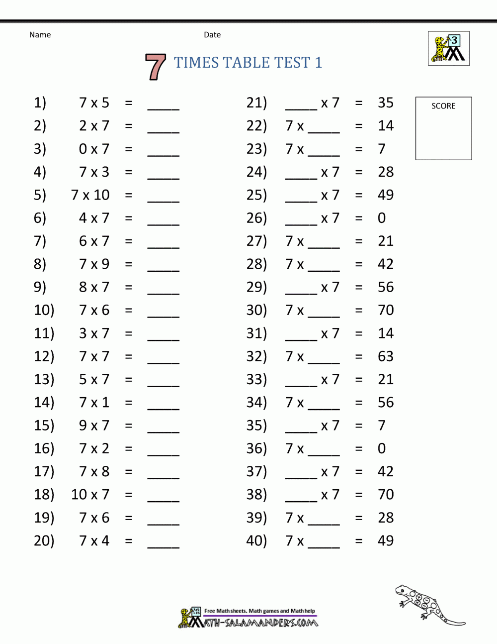 7 Times Table Worksheet Page 7 Times Table Worksheet Page