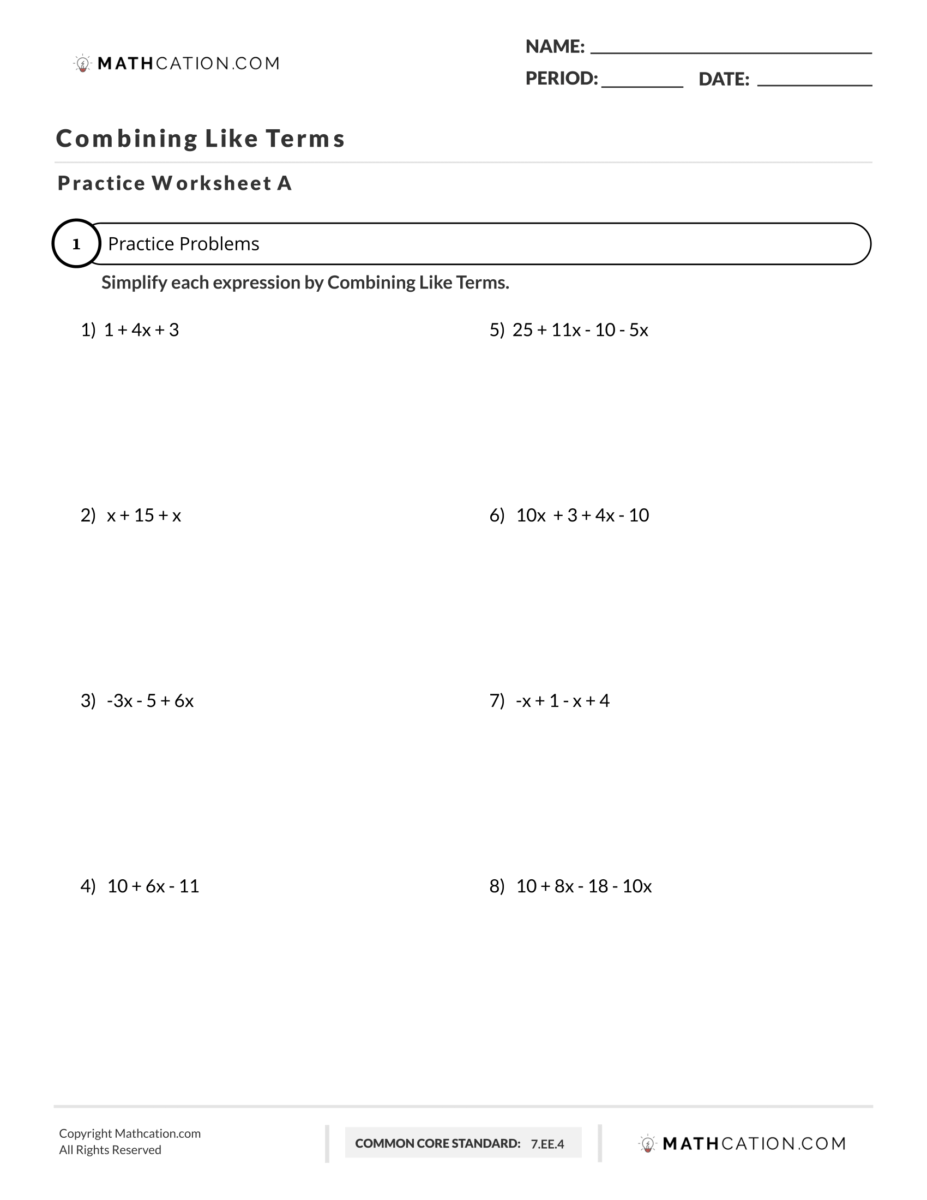 A Free Printable Combining Like Terms Worksheet A Free Printable Combining Like Terms Worksheet