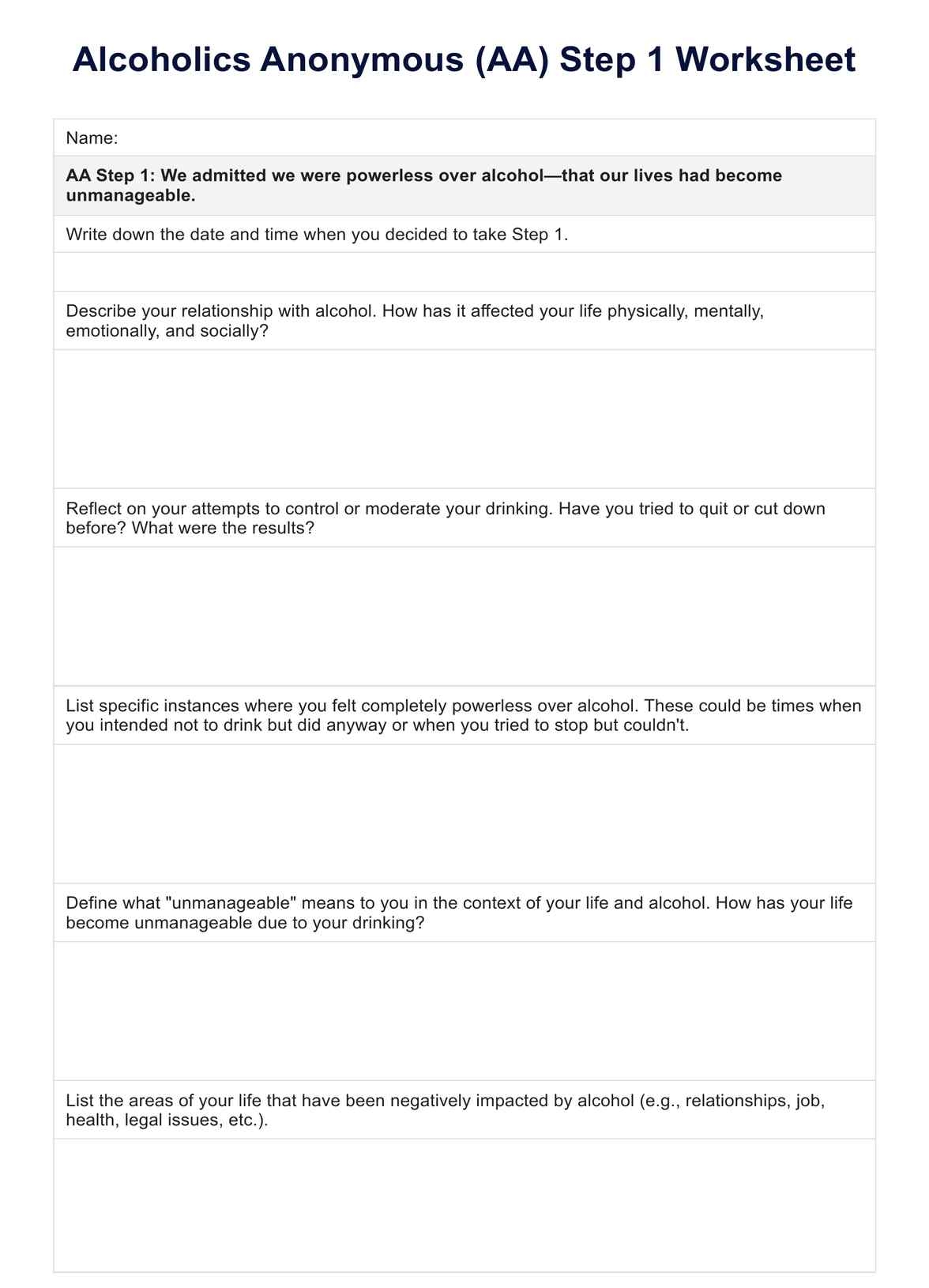 AA Step 1 Worksheet U0026 Example Free PDF Download