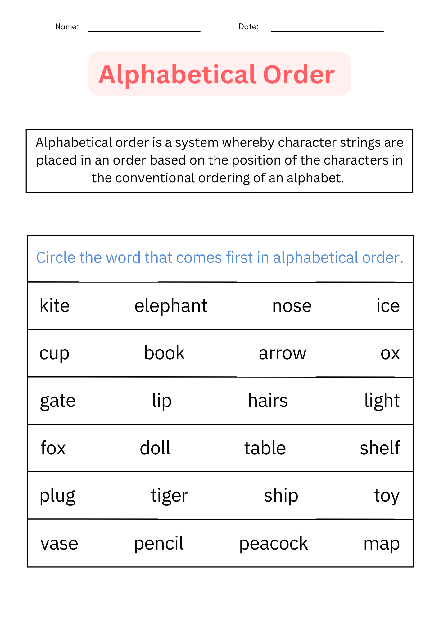 ABC Order Printable Alphabetical Order Worksheets For 1st L 2nd 