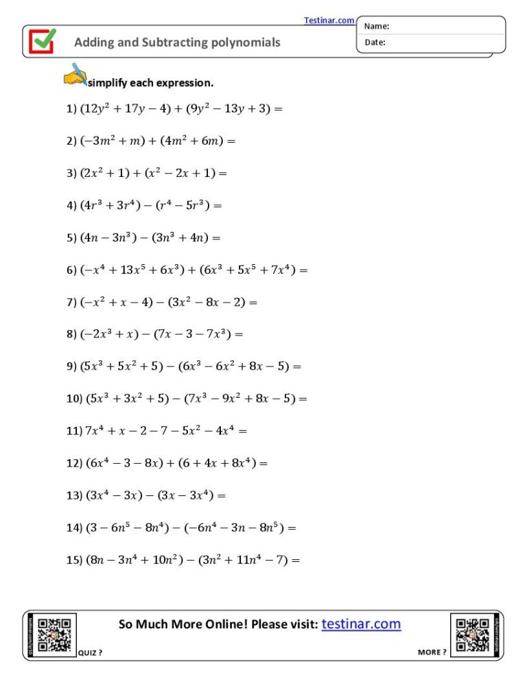 Adding And Subtracting Polynomials Worksheets