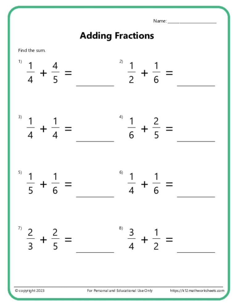 Adding Fractions With Unlike Denominators Worksheets