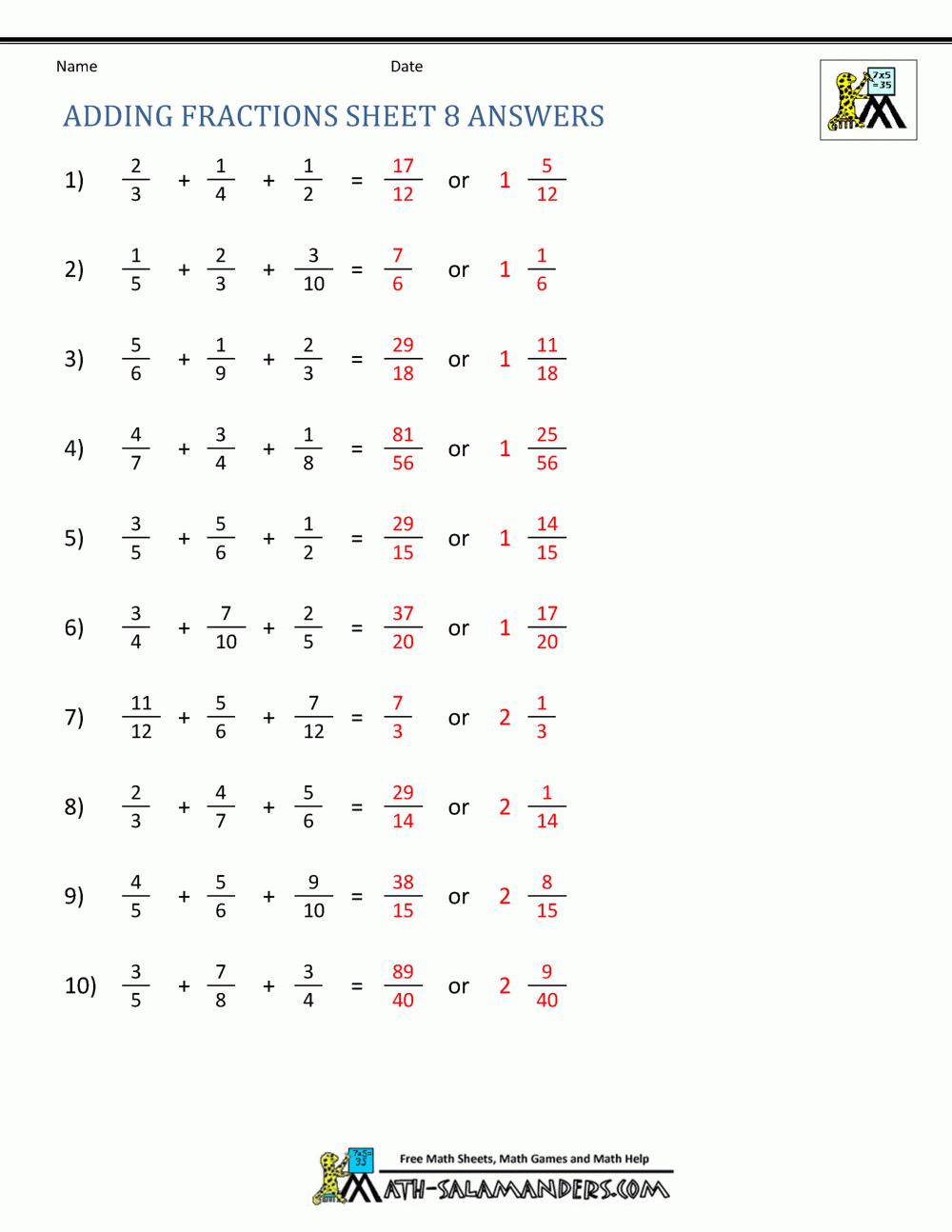 Adding Fractions Worksheets
