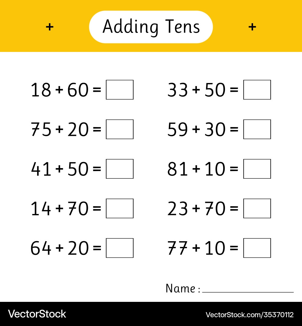 Adding Tens Math Worksheets For Kids Royalty Free Vector Adding Tens Math Worksheets For Kids Royalty Free Vector