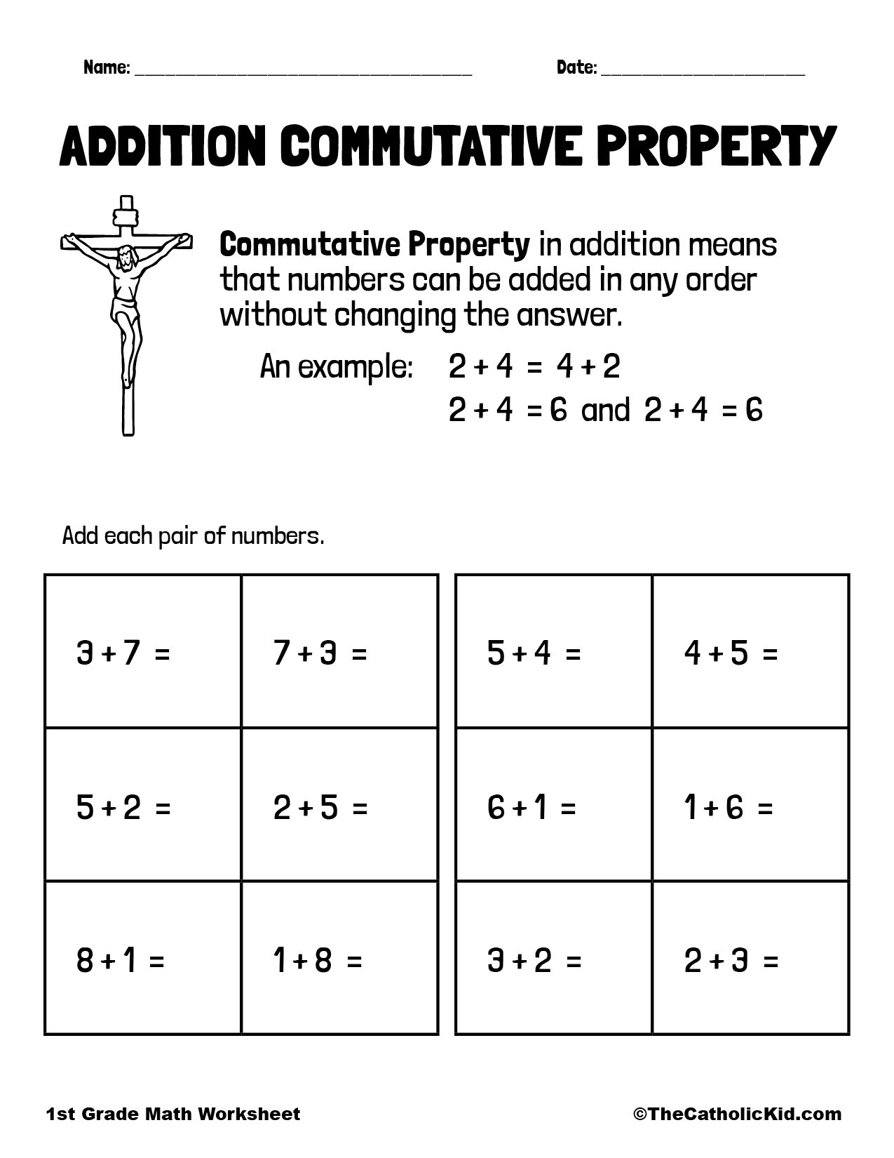 Addition Commutative Property 1st Grade Math Worksheet Catholic 