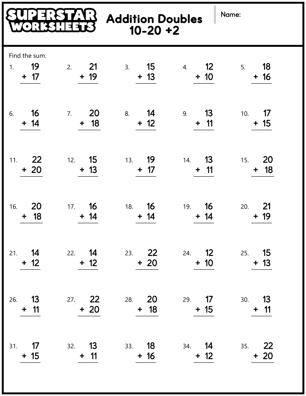 Addition Doubles Worksheets Superstar Worksheets