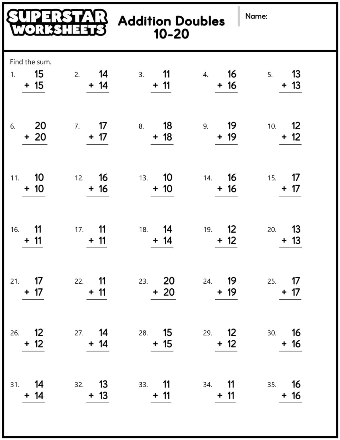 Addition Doubles Worksheets Superstar Worksheets