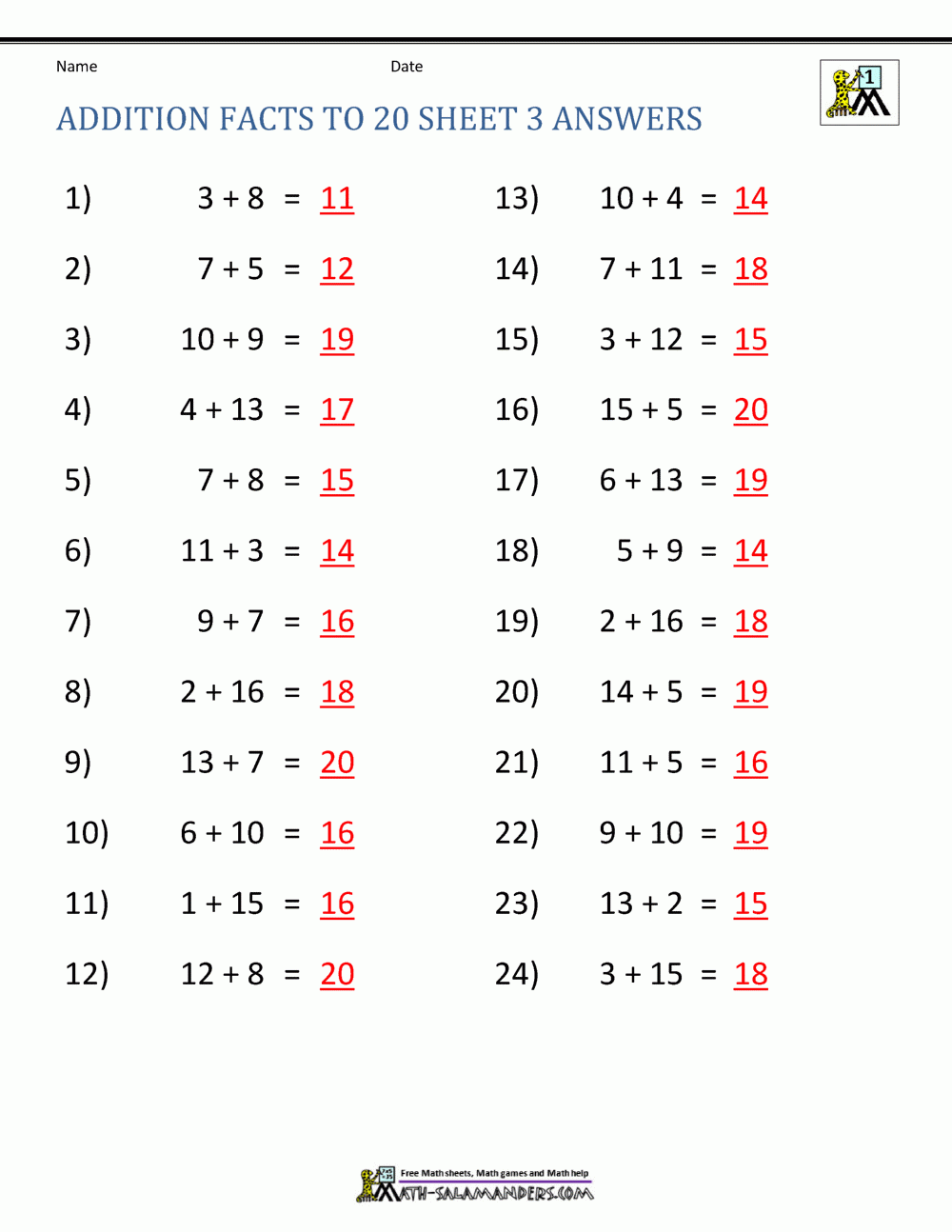 Addition Facts To 20 Worksheets Addition Facts To 20 Worksheets