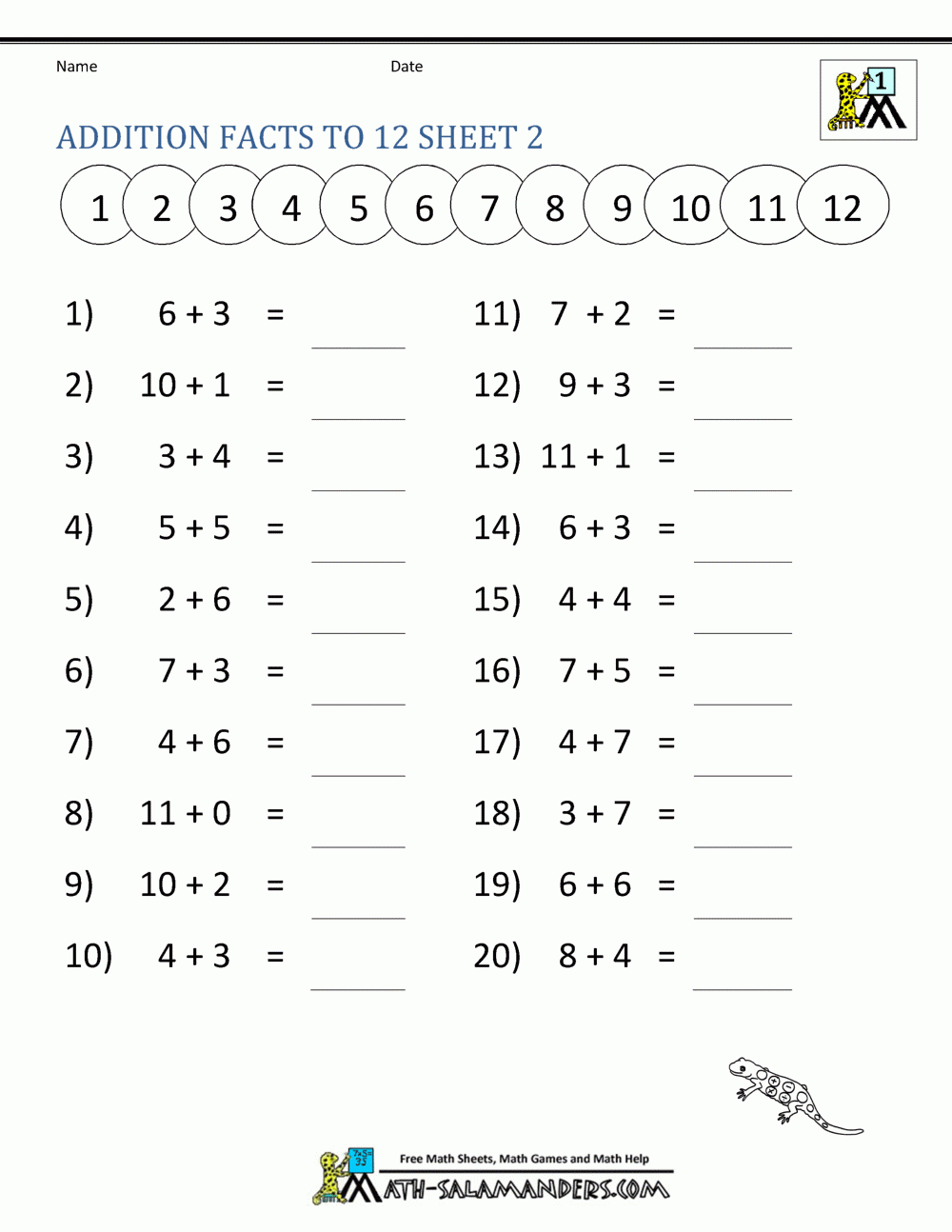 Addition Facts To 20 Worksheets