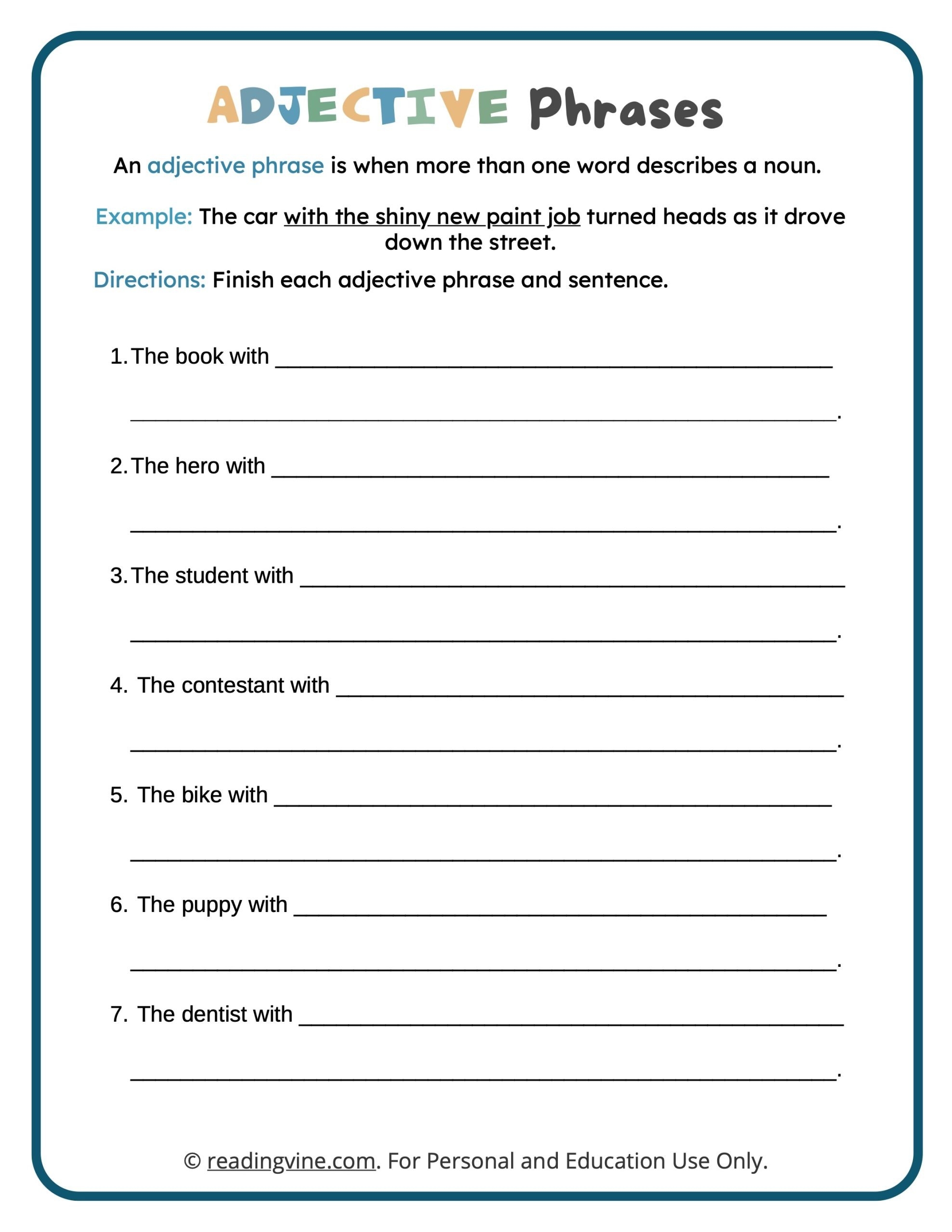 Adjective Phrases Worksheets ReadingVine Adjective Phrases Worksheets ReadingVine
