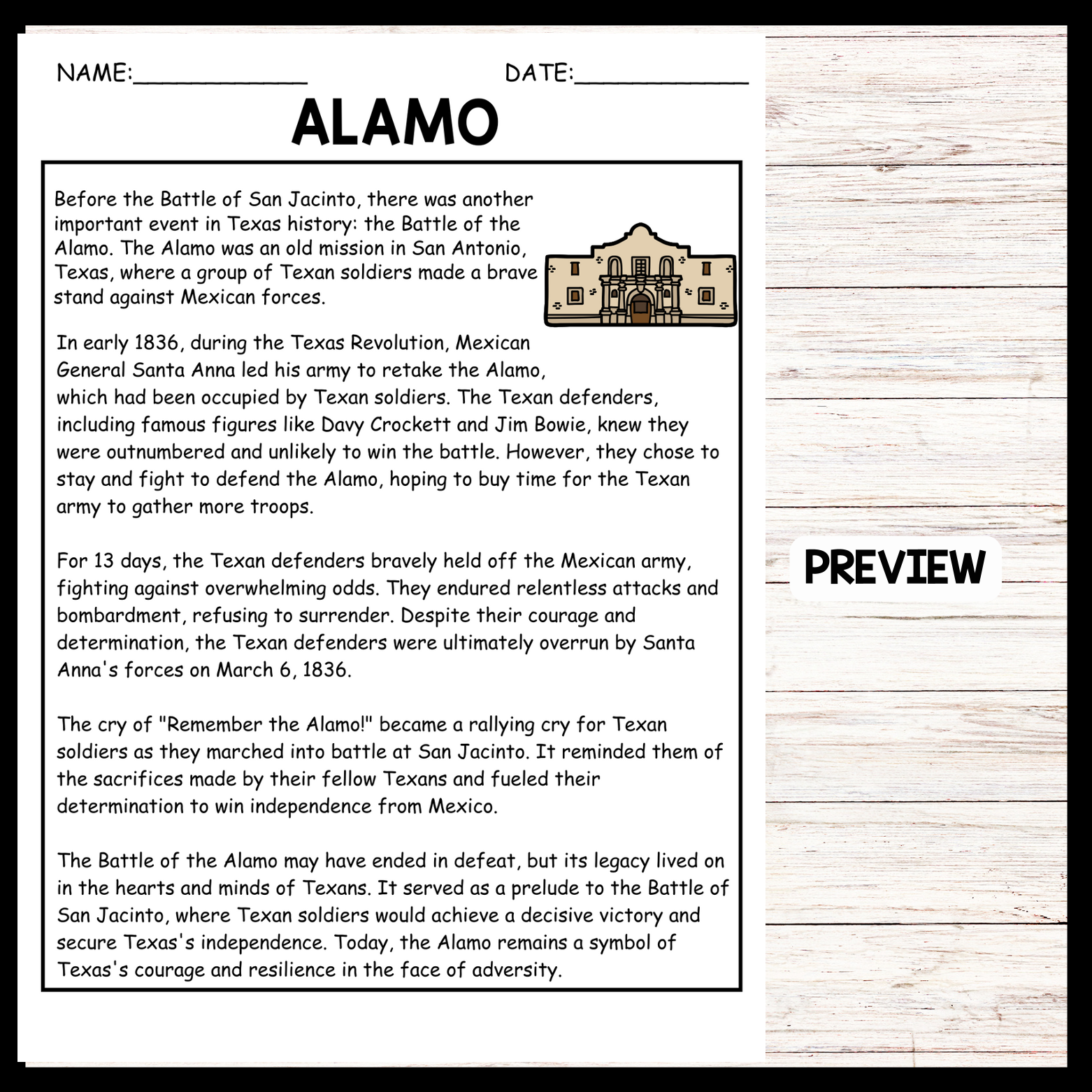 Free Printable Alamo Worksheets