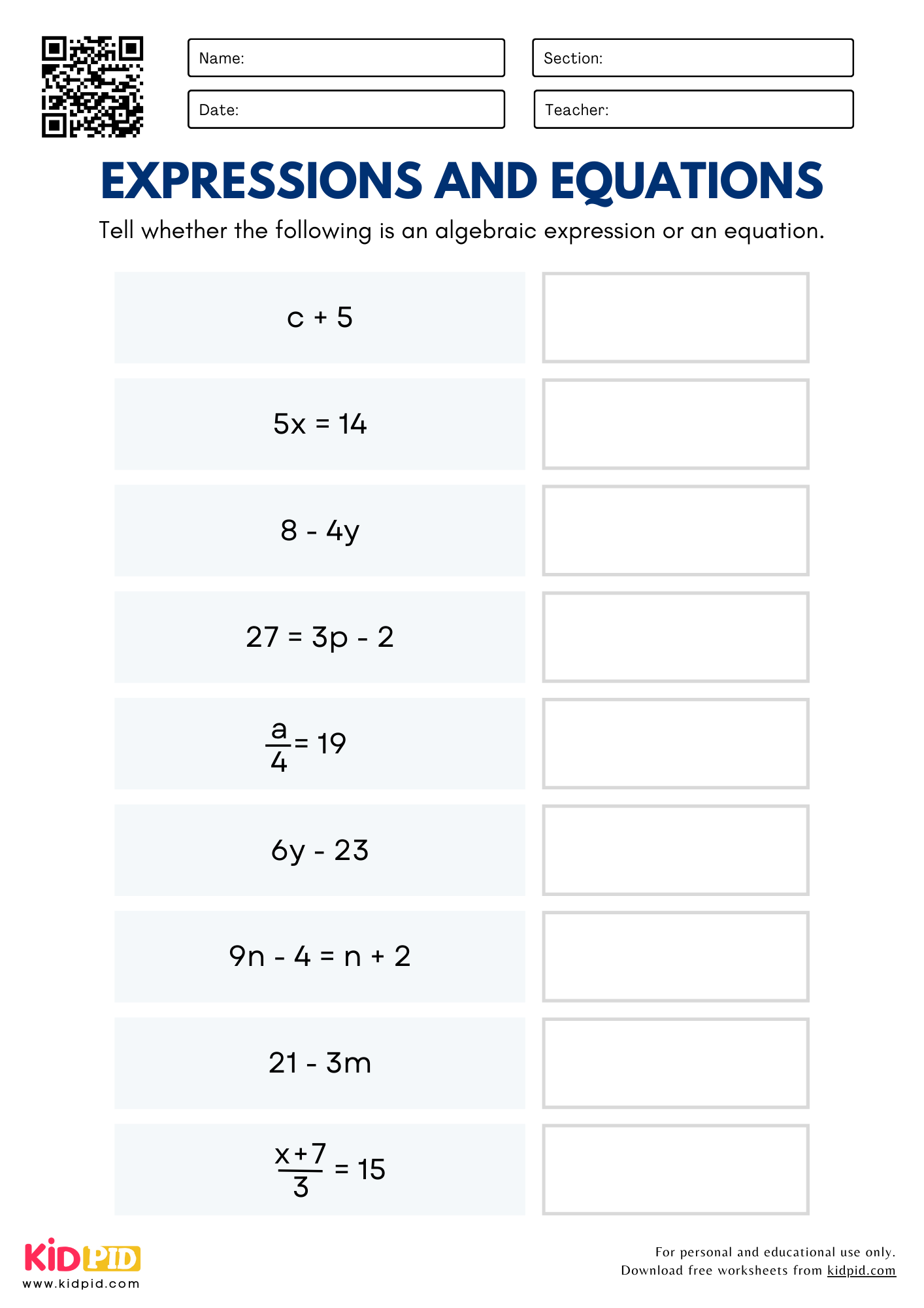 Algebra Worksheets For Grade 5 Kidpid