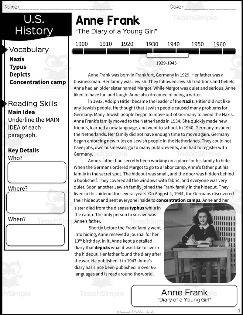 Anne Frank Reading Packet Worksheets Library