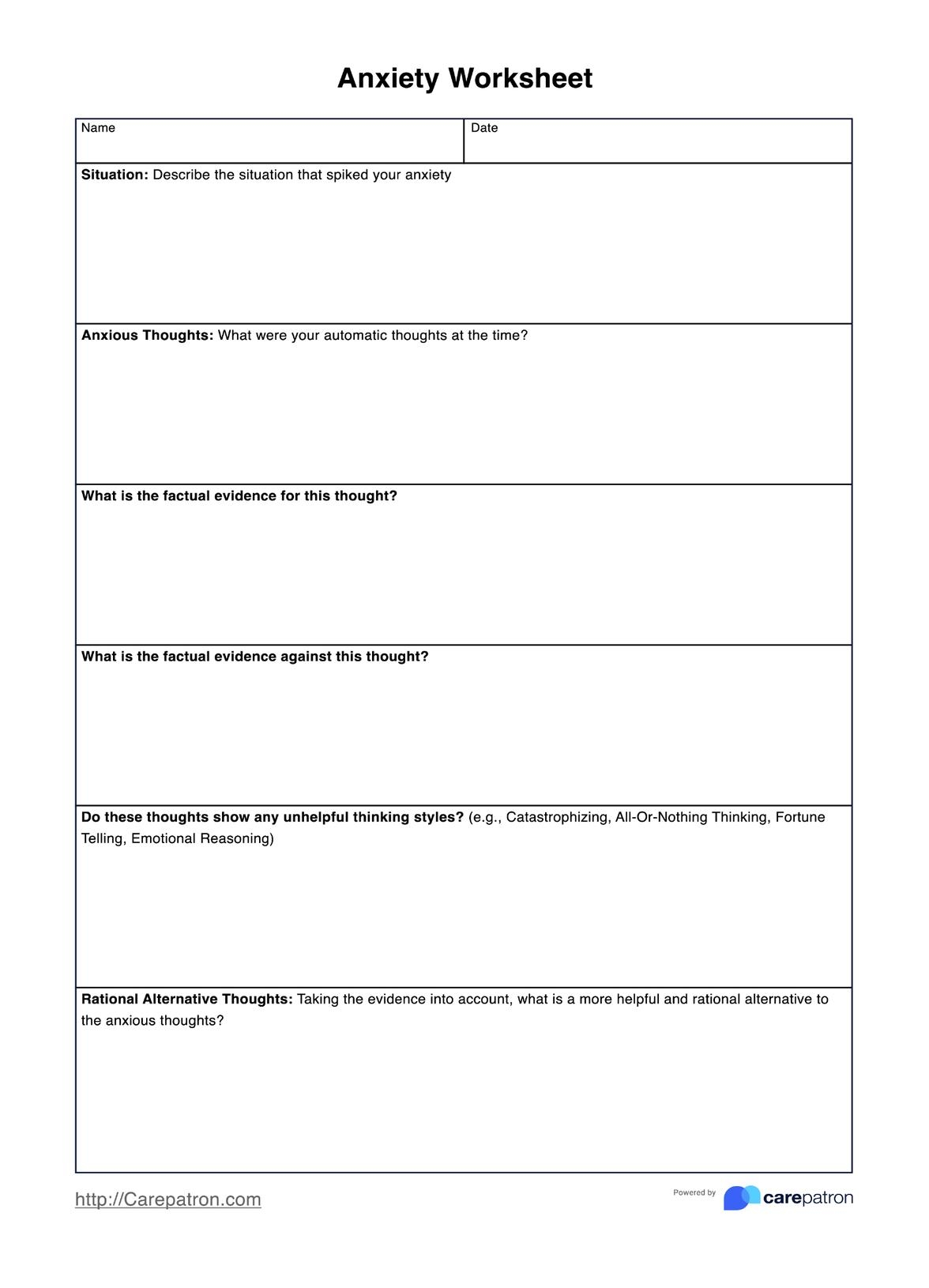 Anxiety Worksheet U0026 Example Free PDF Download