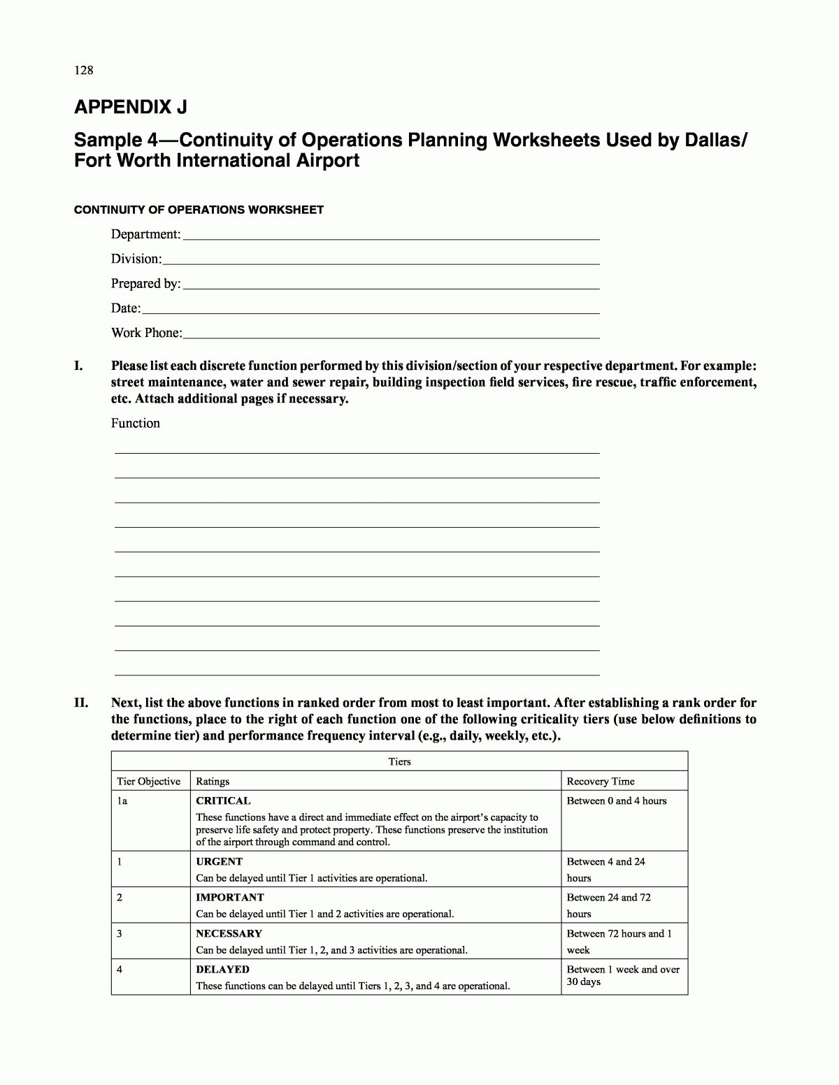 APPENDIX J Sample 4 Continuity Of Operations Planning Worksheets APPENDIX J Sample 4 Continuity Of Operations Planning Worksheets