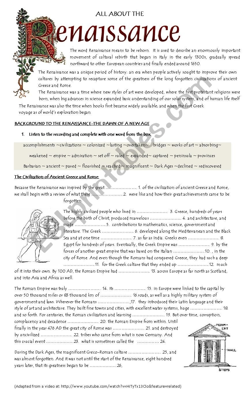 Background To The Renaissance ESL Worksheet By Mercedesdevergara Worksheets Library
