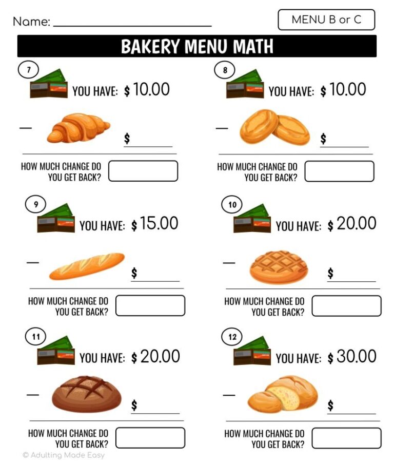 Bakery Menu Math Making Change Subtraction Worksheets Worksheets Library