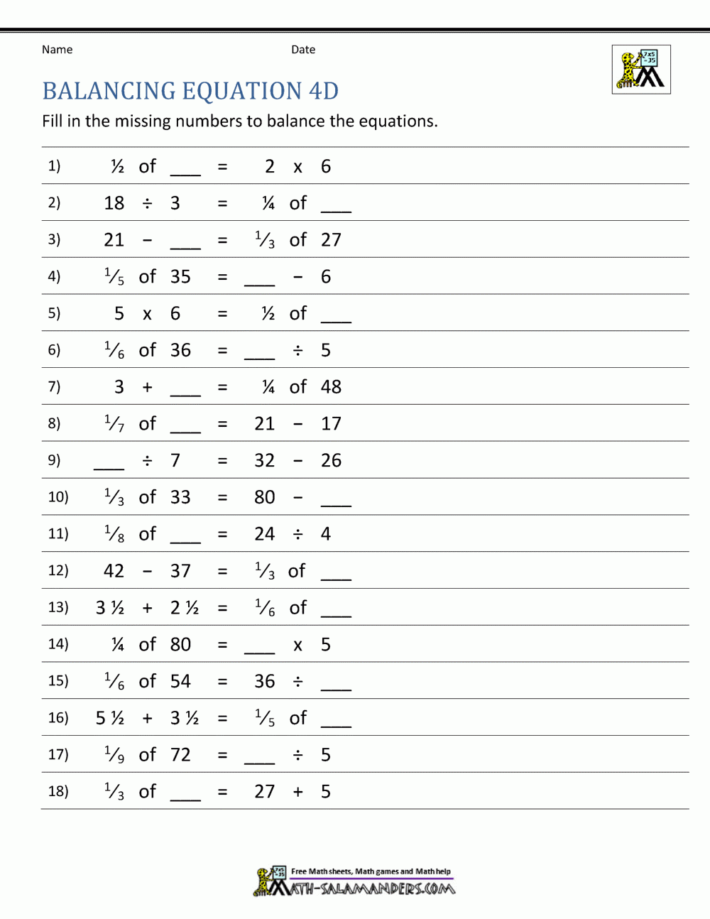 Free Printable Simple Equation Worksheets