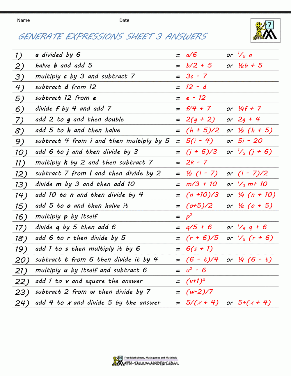 Basic Algebra Worksheets