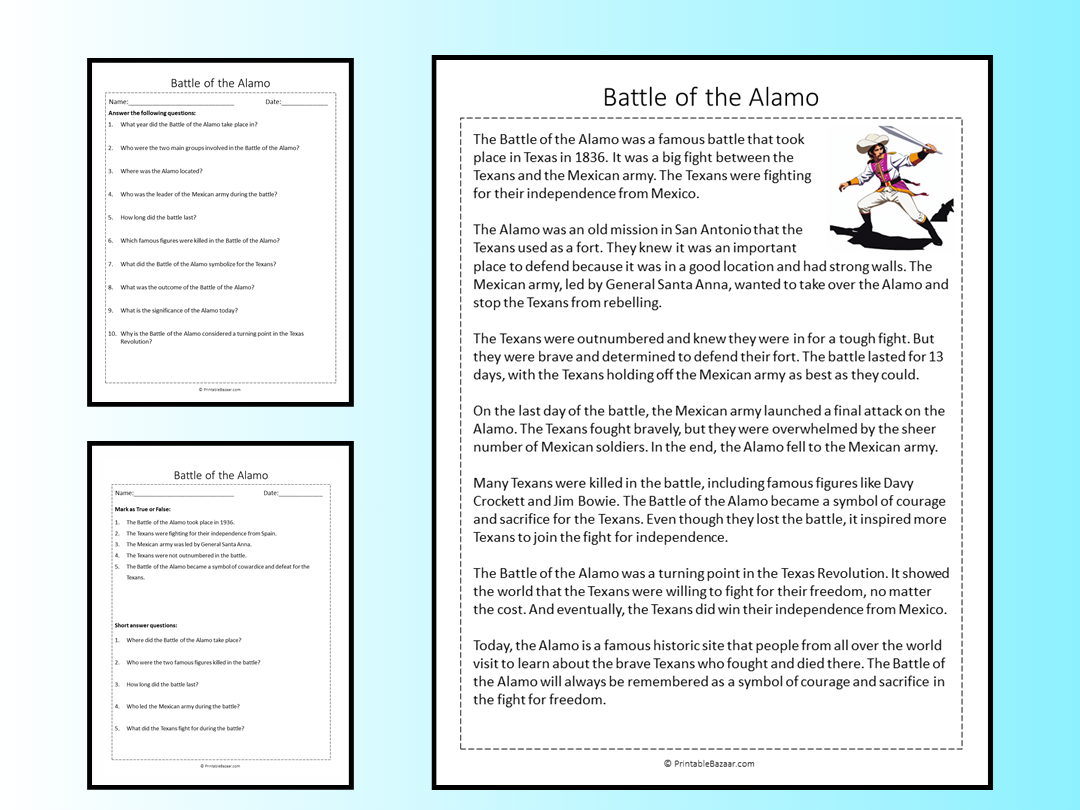 Battle Of The Alamo Reading Comprehension Passage Printable Worksheet Teaching Resources