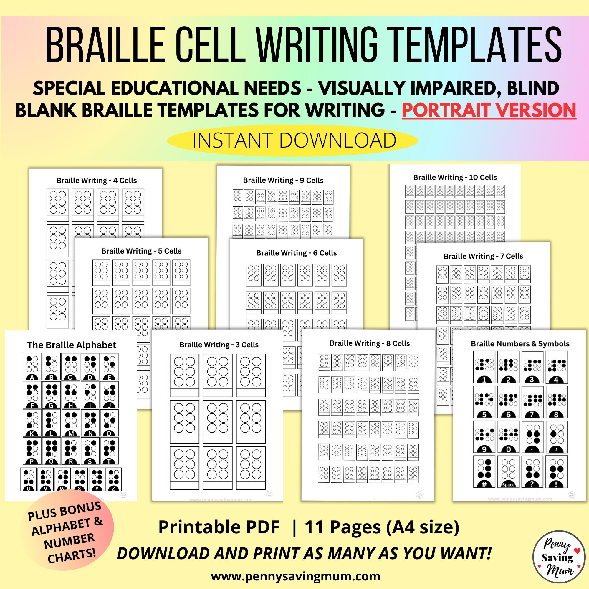 Braille Cell Writing Templates Learn Braille Alphabet Numbers Special Educational Needs Large Print Visually Impaired Blind Students Etsy UK
