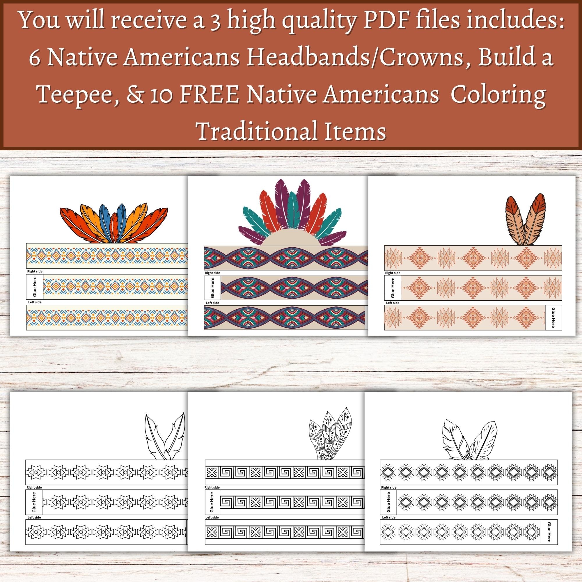 BUNDLE Native Americans Headband Crown Feather Build A 3D Teepee Tipi Crafts Free Native Coloring