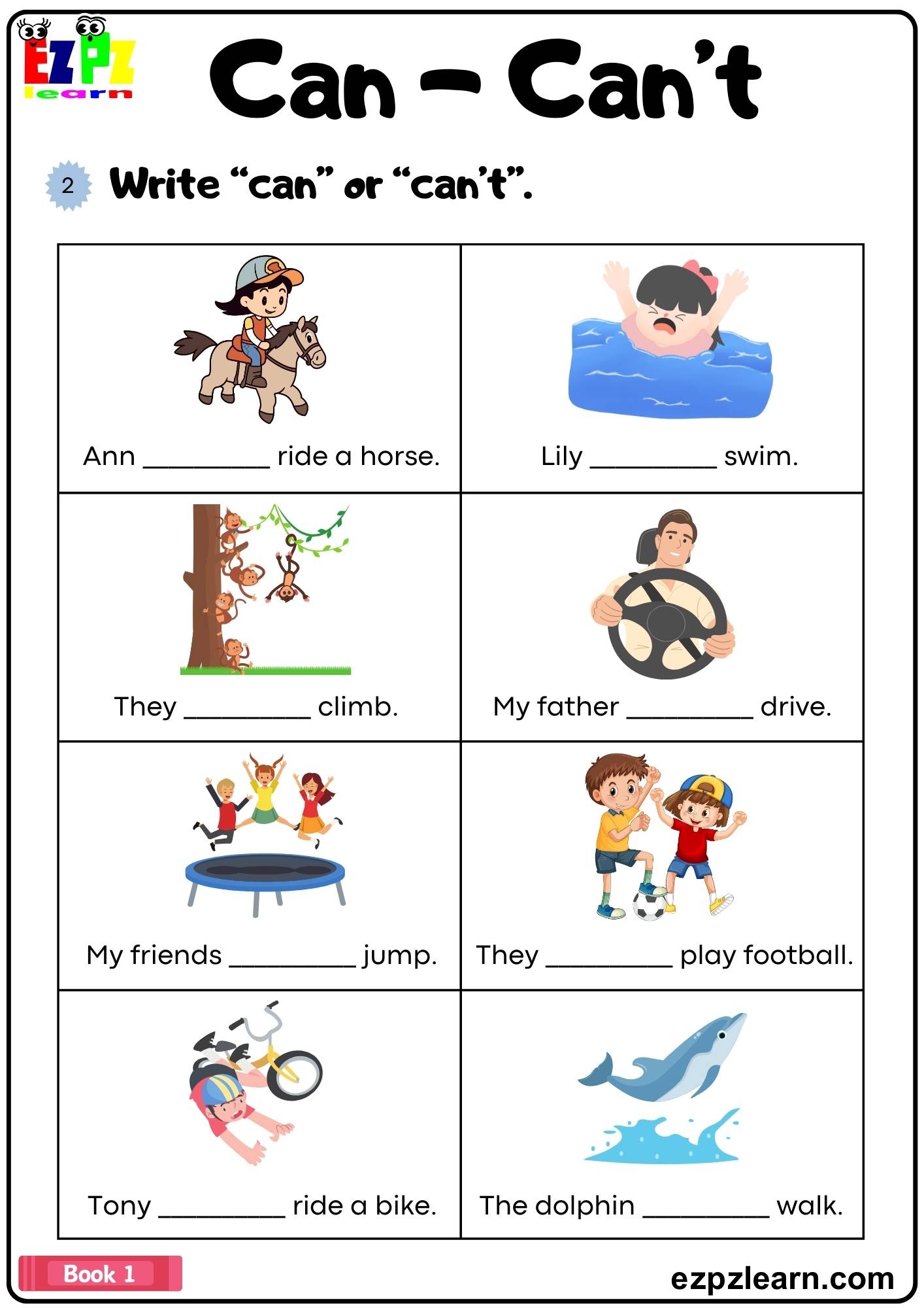 Can Can t Complete The Sentences Grammar Worksheet Pdf Ezpzlearn