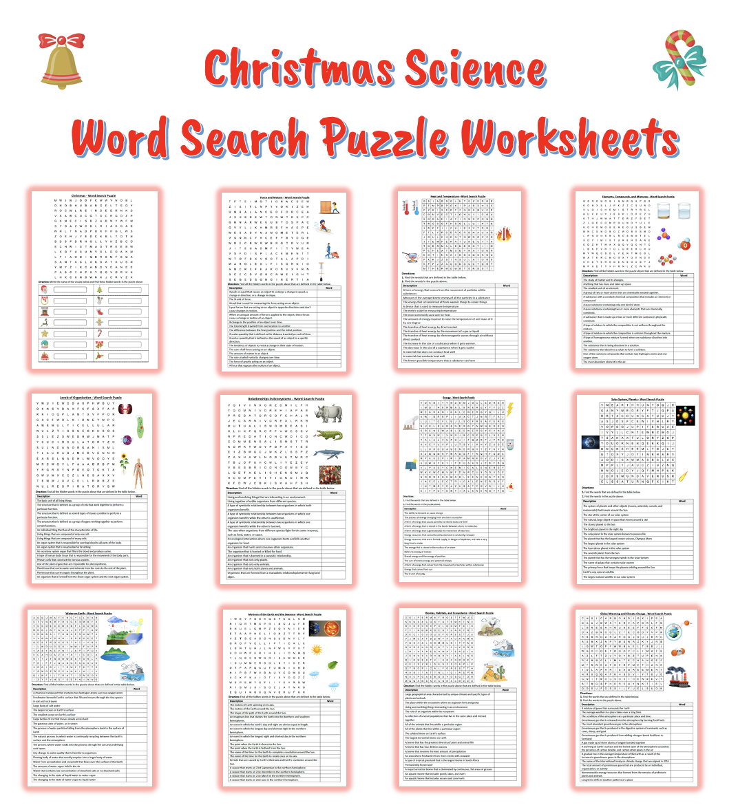 Christmas Holiday Science Word Search Puzzle Worksheets Bundle Printables Teaching Resources