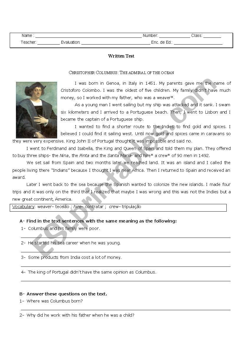 CHRISTOPHER COLUMBUS ESL Worksheet By Cgato