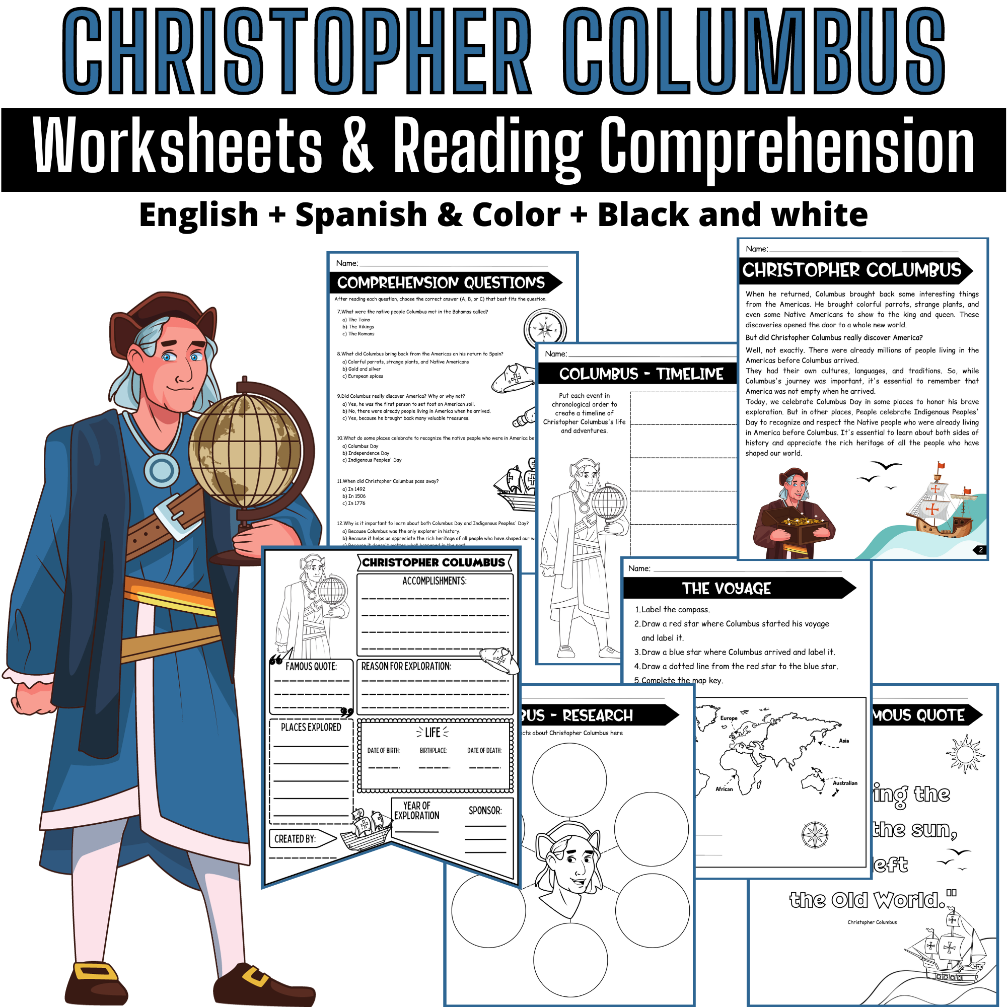 Christopher Columbus Reading Comprehension Worksheets In English 