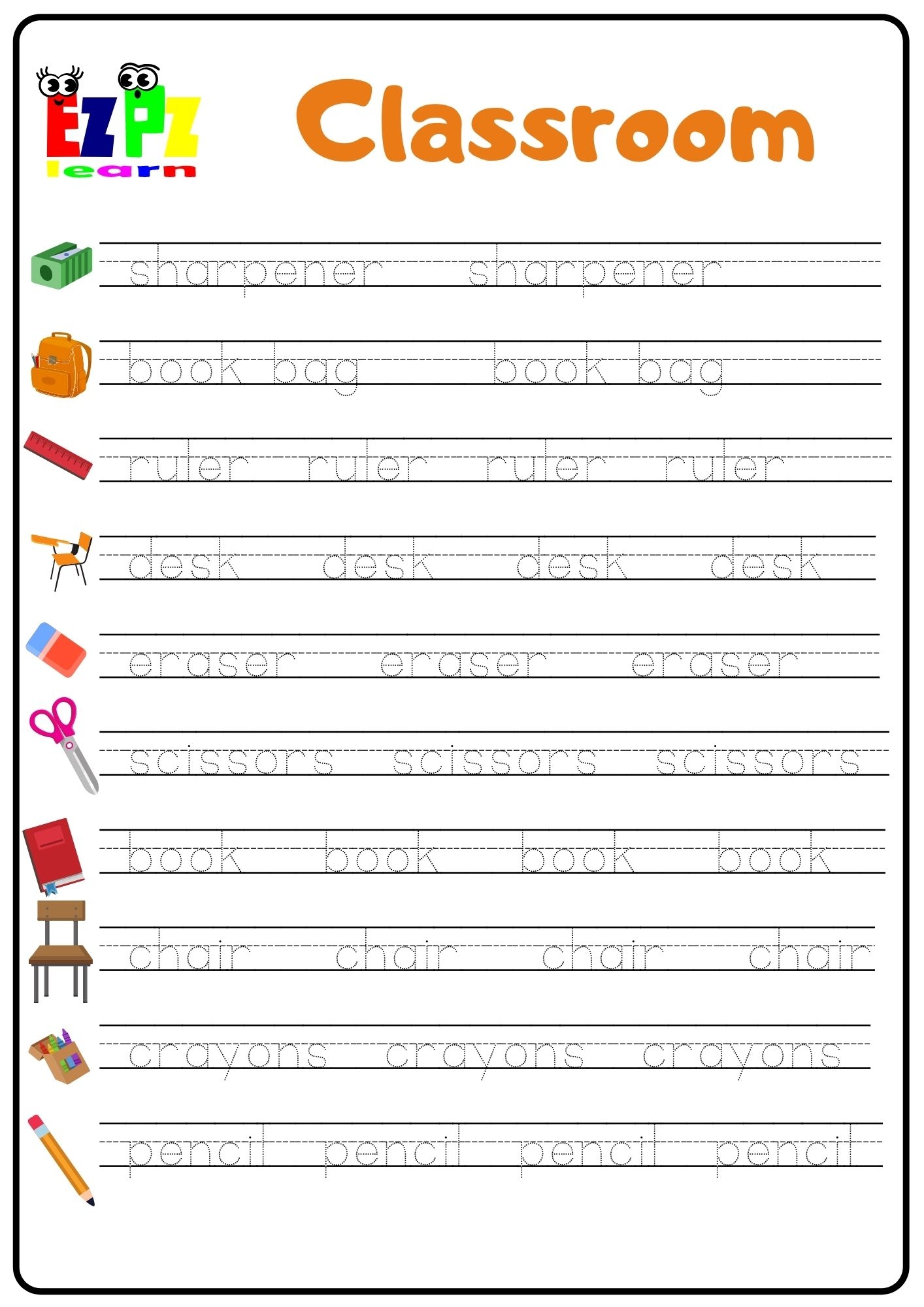 Classroom Objects 2 Word Tracing Worksheet Ezpzlearn Classroom Objects 2 Word Tracing Worksheet Ezpzlearn