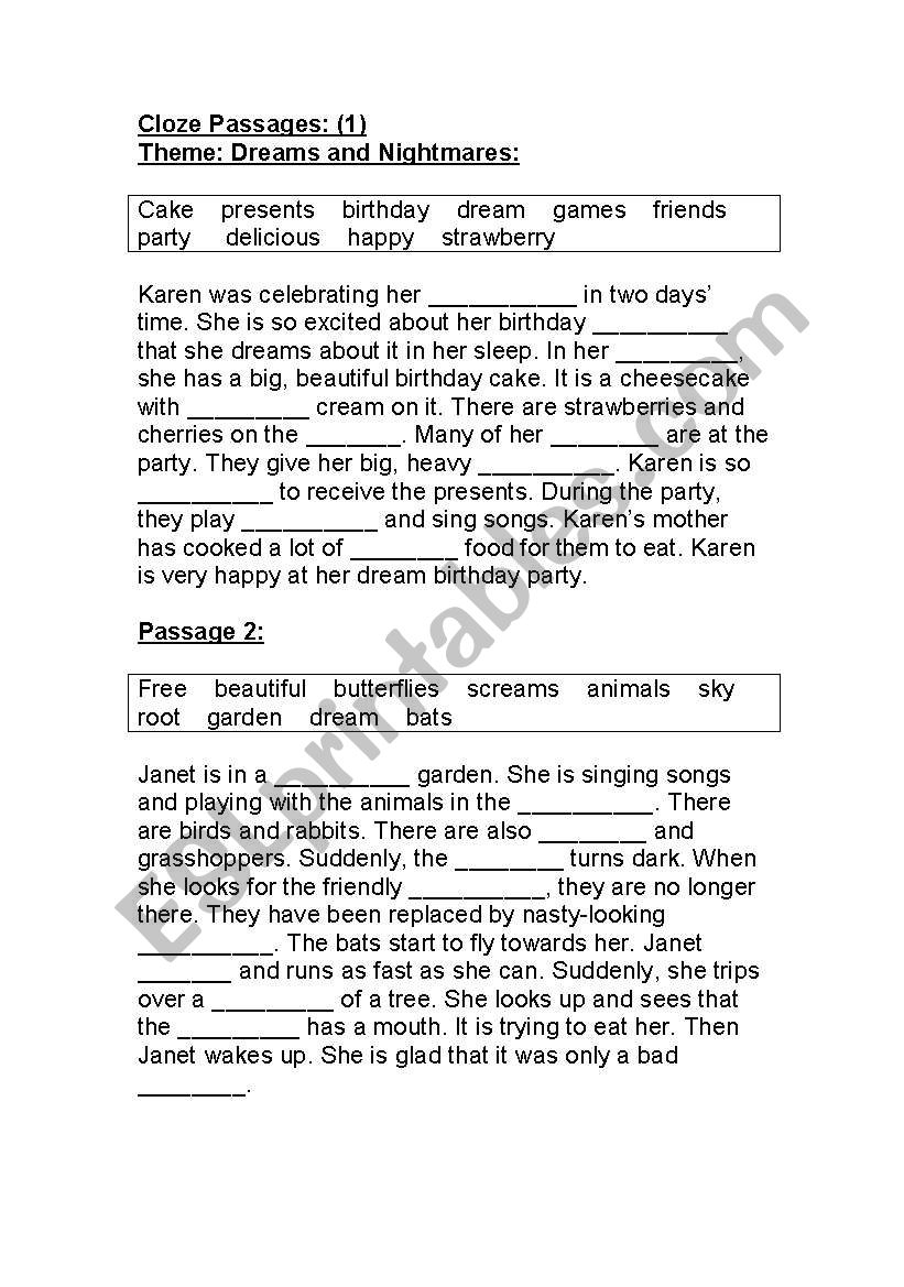 Cloze Passages ESL Worksheet By Pinky